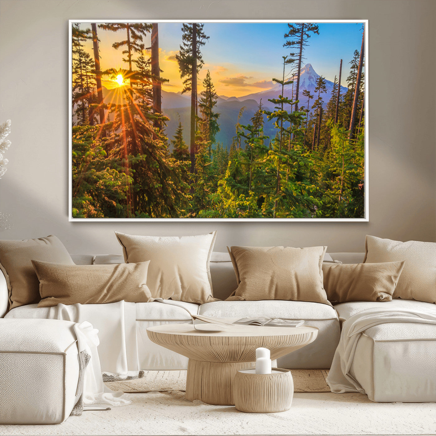 83544043-MGV-CV-36X24-Forest Sunset Wall Art Canvas Print, Framed Sunset Trees Art Picture Print, Green Pines Perfect Rustic Nature Decor Artwork
