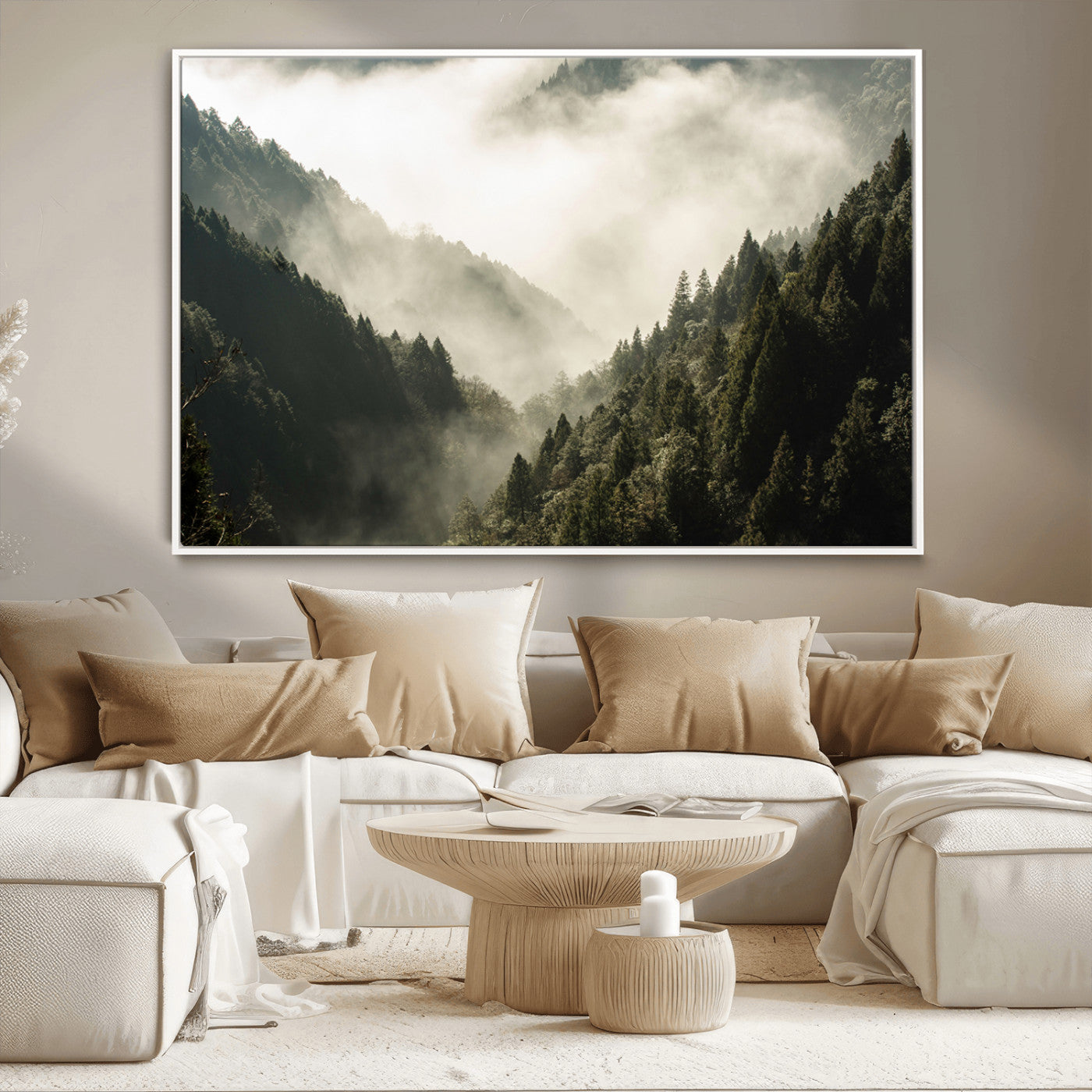 57570237-MGV-CV-36X24-Misty Valley Wall Art Canvas Print, Framed Foggy Forest Art Picture Print, Pine Trees Perfect Moody Woodland Decor Artwork