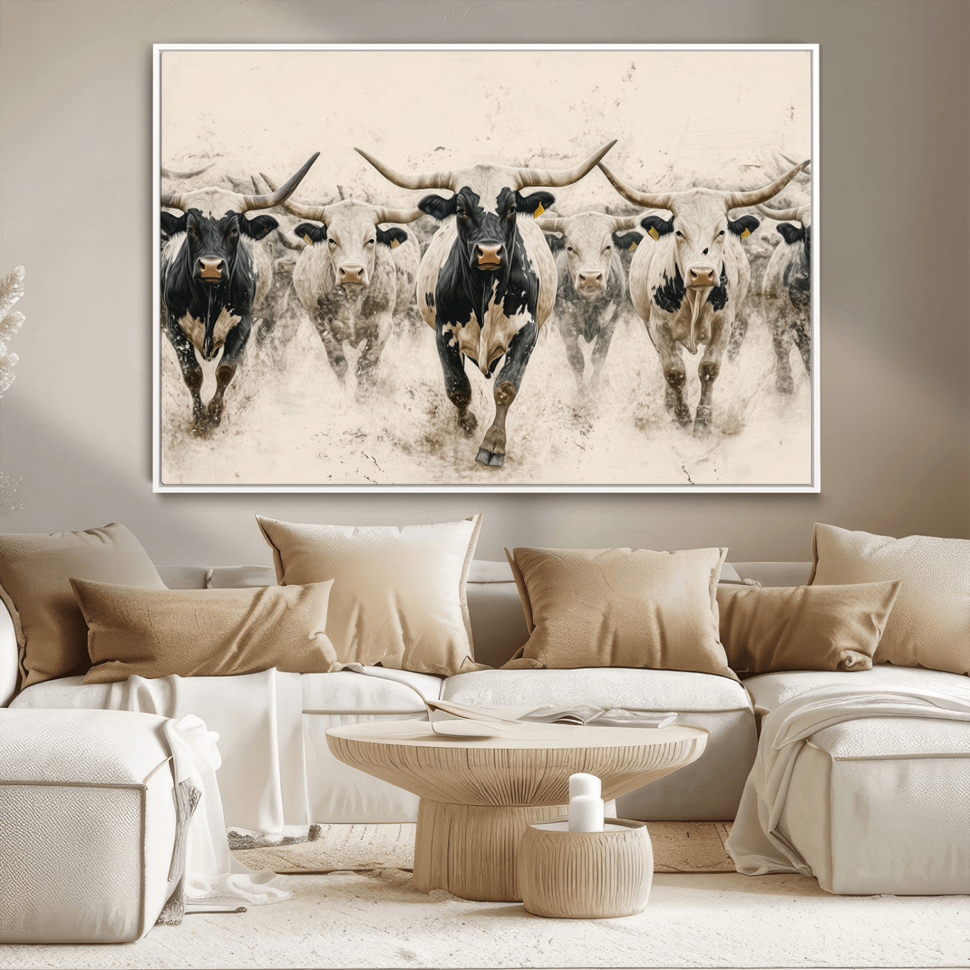 61538944-MGV-CV-36X24-Texas Longhorn Wall Art Canvas Print, Framed Cattles Walking Art Picture Print, Black White Bulls Perfect Rustic Western Decor