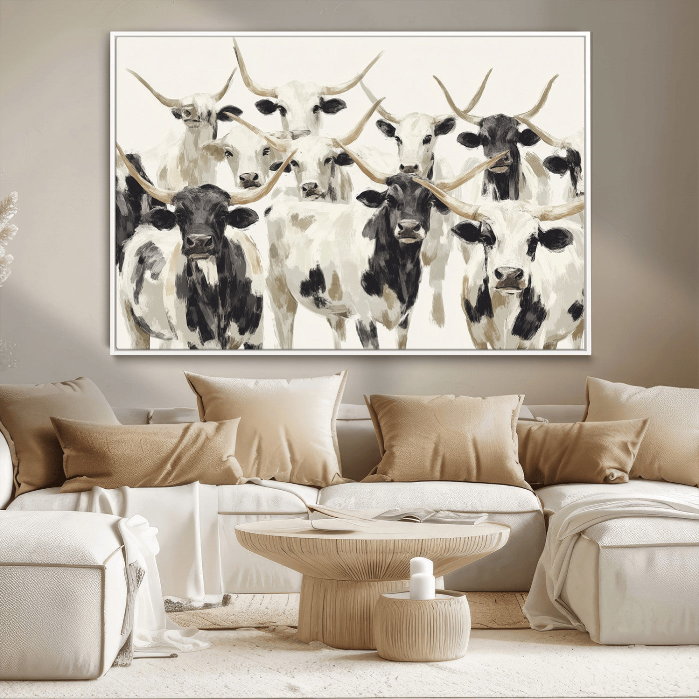 52947970-MGV-CV-36X24-Texas Longhorn Wall Art Canvas Print, Framed Cattle Herd Art Picture Print, Herd Portrait Perfect Modern Farmhouse Decor Artwork