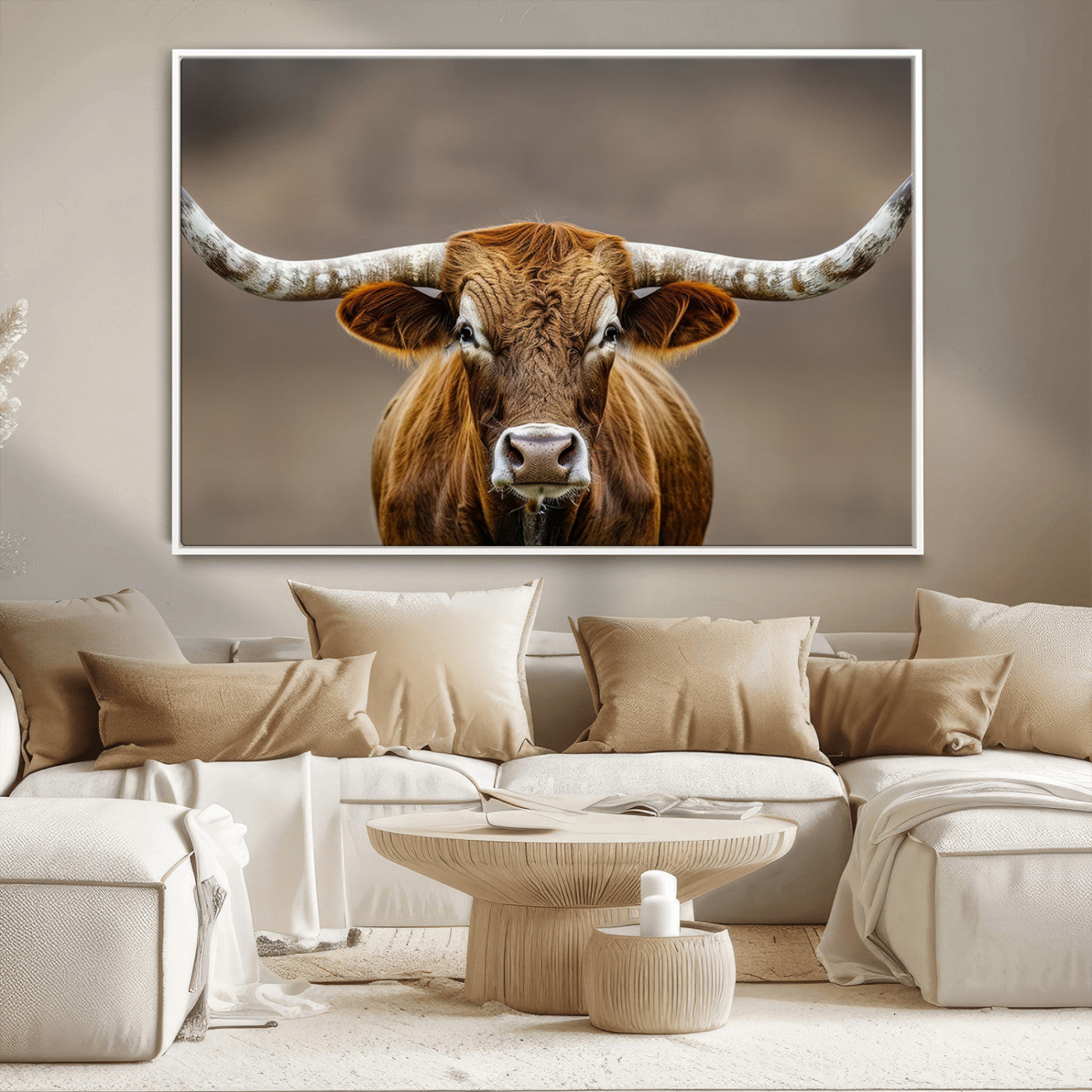 12179171-MGV-CV-36X24-Texas Longhorn Wall Art Canvas Print, Framed Brown Bull Art Picture Print, Lone Cattle Perfect Rustic Western Decor Artwork