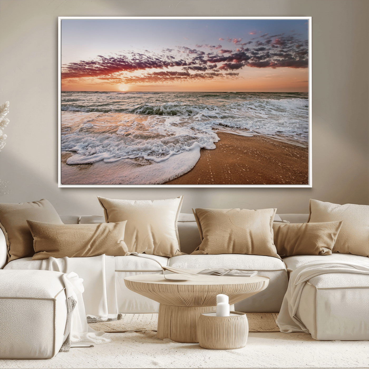 39846389-MGV-CV-36X24-Ocean Sunset Wall Art Canvas Print, Framed Sandy Shore Art Picture Print, Gentle Waves Perfect Minimalist Coastal Decor Artwork