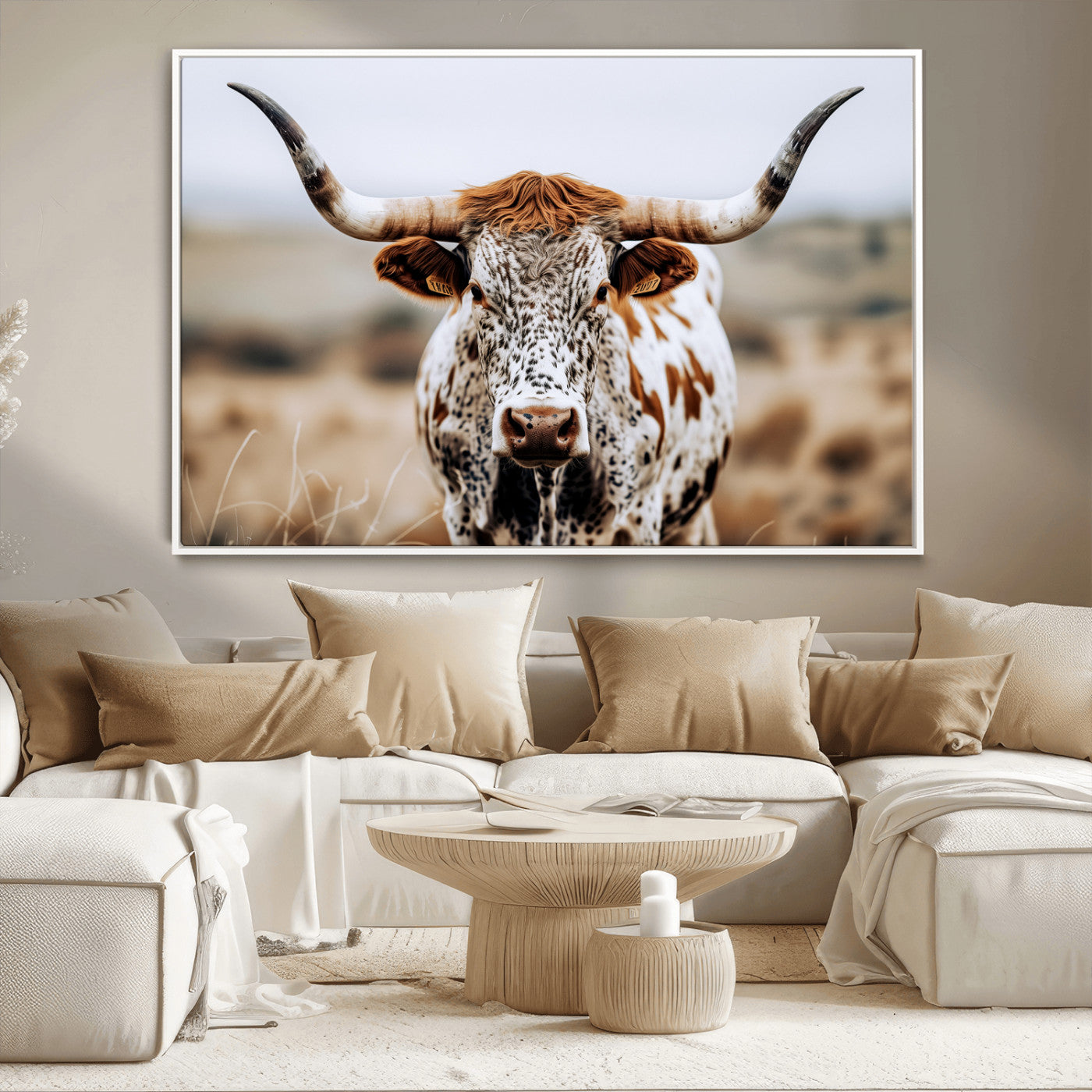 76294381-MGV-FC-36X24_White-Texas Longhorn Wall Art Canvas Print, Framed Spotted Cow Art Picture Print, Horned Cattle Perfect Rustic Western Decor Artwork