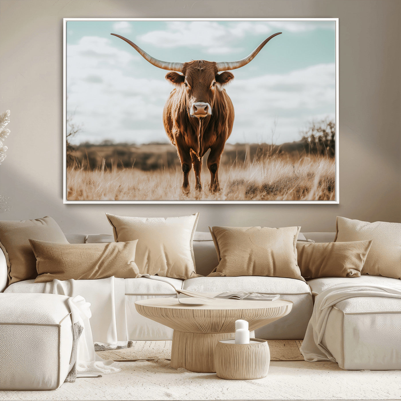 39350715-MGV-CV-36X24-Texas Longhorn Wall Art Canvas Print, Framed Longhorn Cow Art Picture Print, Western Cattle Perfect Rustic Western Decor Artwork