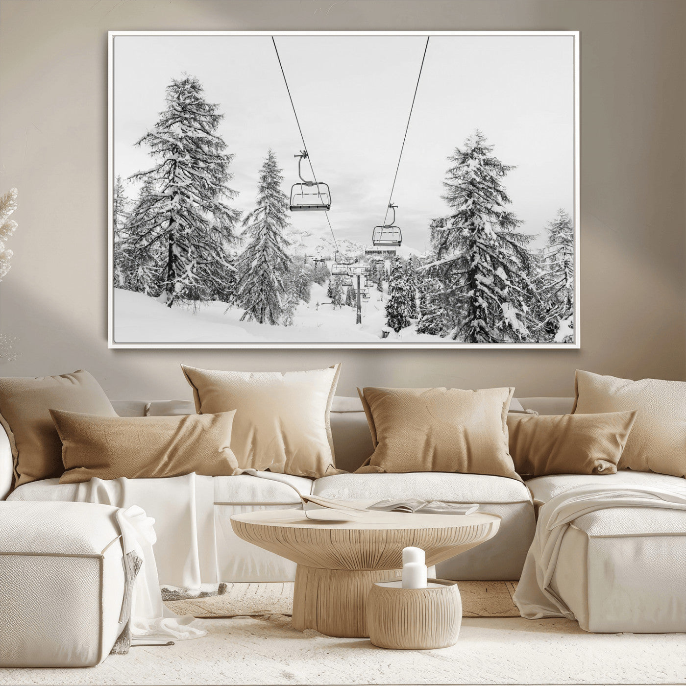 55003599-MGV-CV-36X24-Snowy Ski Lift Wall Art Canvas Print, Framed Winter Forest Art Picture Print, Ski lift Ride Perfect Winter Lodge Decor Artwork