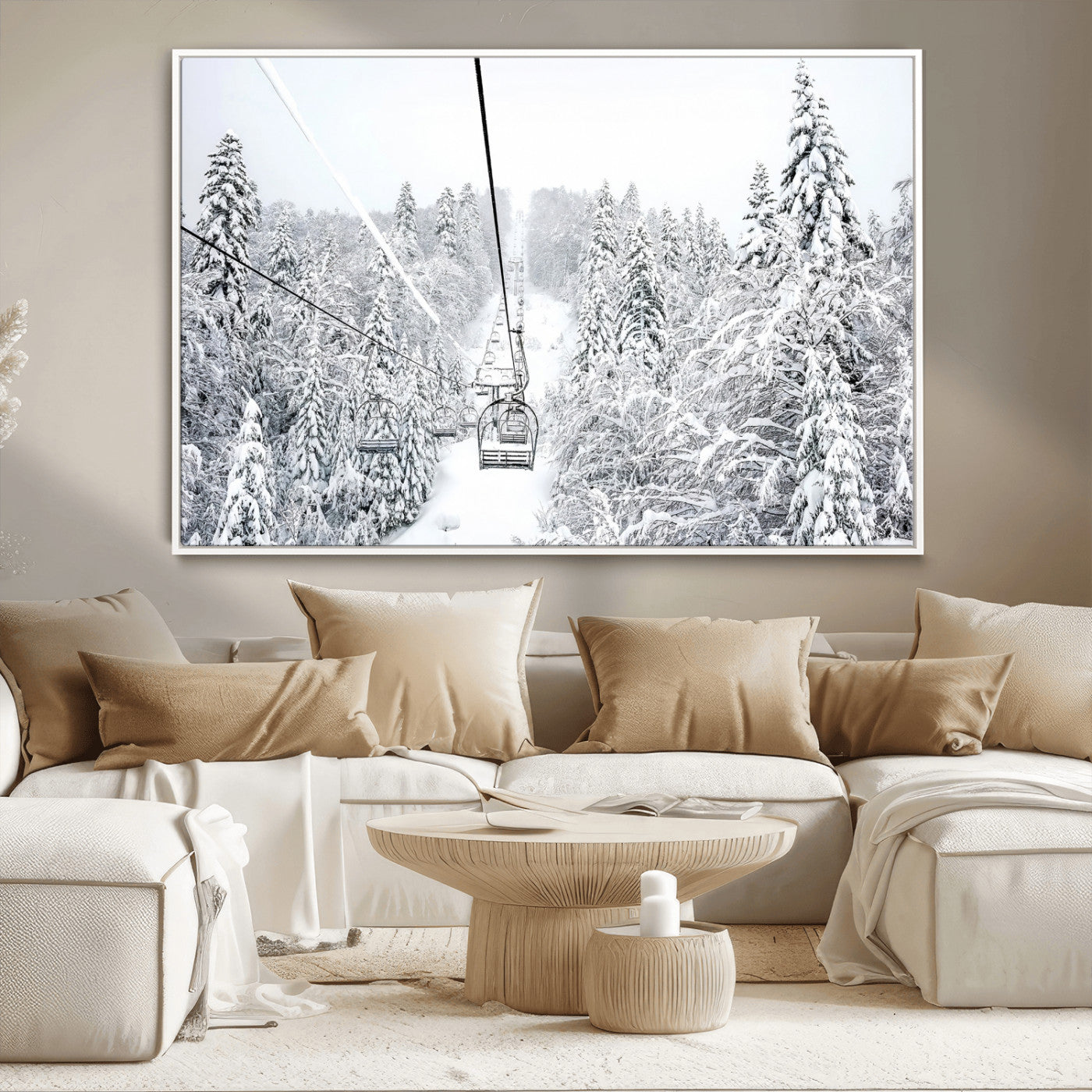 60296839-MGV-CV-36X24-Snowy Mountains Wall Art Canvas Print, Framed Ski Lift Art Picture Print, Winter Forest Perfect Winter Minimalist Decor Artwork