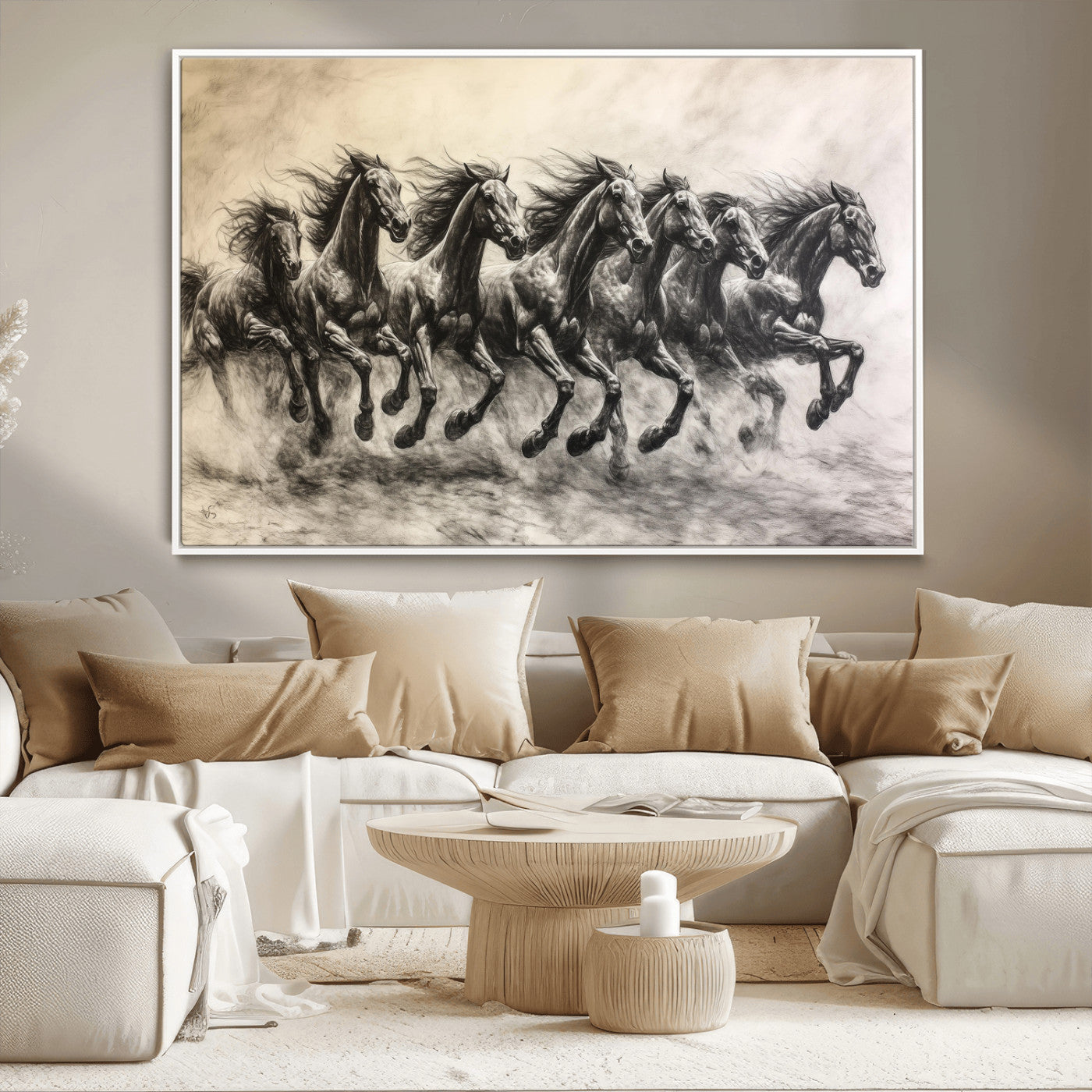 56089591-MGV-CV-36X24-Galloping Horses Wall Art Canvas Print, Framed Wild Stallions Art Picture Print, Horse Herd Sketch Perfect Monochrome Dynamic