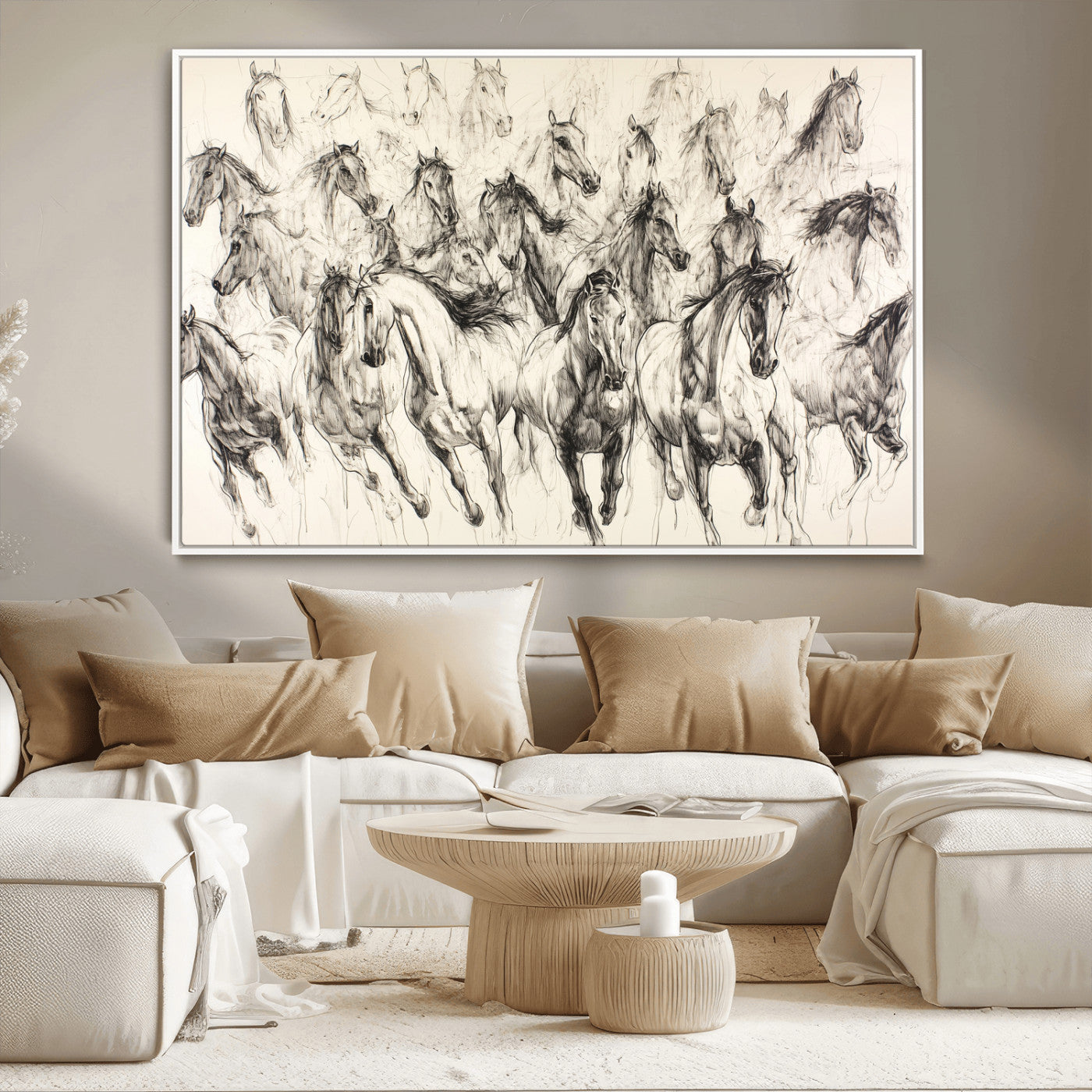 19433417-MGV-CV-36X24-Running Horses Wall Art Canvas Print, Framed Horse Sketch Art Picture Print, Galloping Herd Perfect Monochrome Western Decor