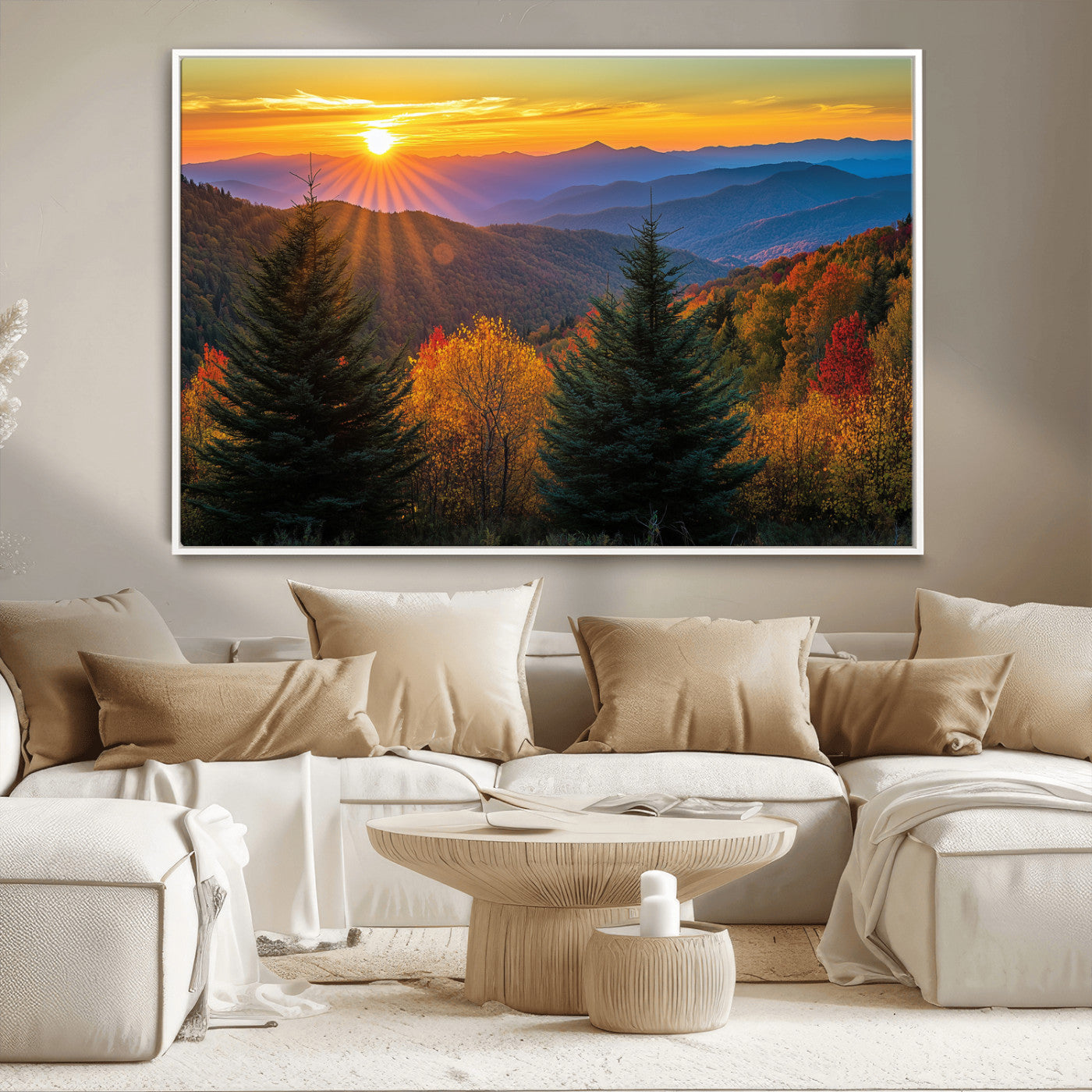 36964931-MGV-CV-36X24-Autumn Mountains Wall Art Canvas Print, Framed Sunset Glow Forest Art Picture Print, Golden Trees Perfect Vibrant Nature Decor