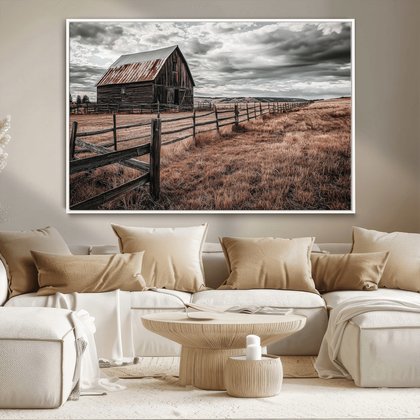 73898372-MGV-CV-36X24-Rustic Barn Wall Art Canvas Print, Framed Moody Field Art Picture Print, Weathered Fence Perfect Moody Farmhouse Decor Artwork