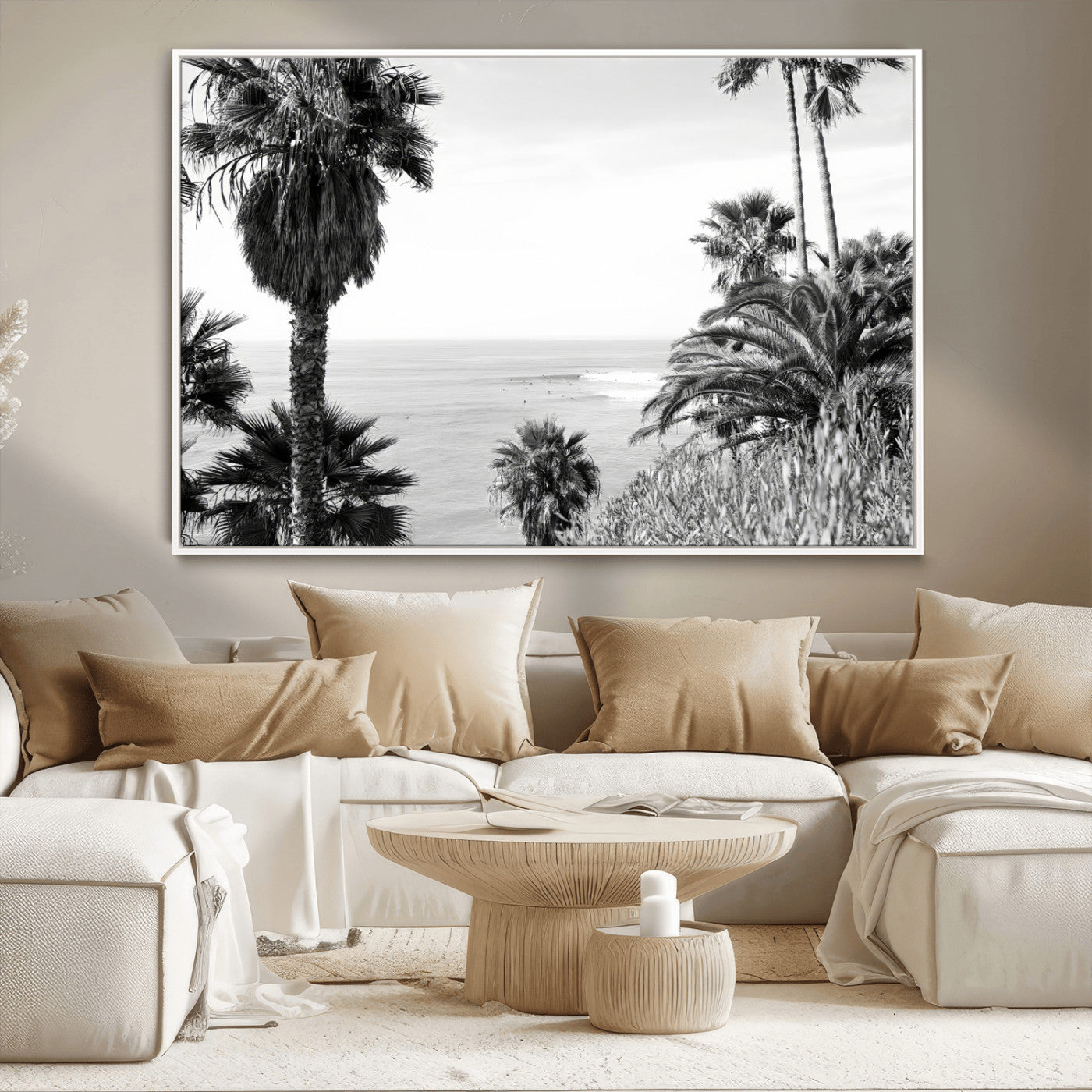 89458520-MGV-FC-36X24_White-Palm Trees Wall Art Canvas Print, Framed Coastal View Art Picture Print, Ocean Horizon Perfect Monochrome Coast Decor Artwork