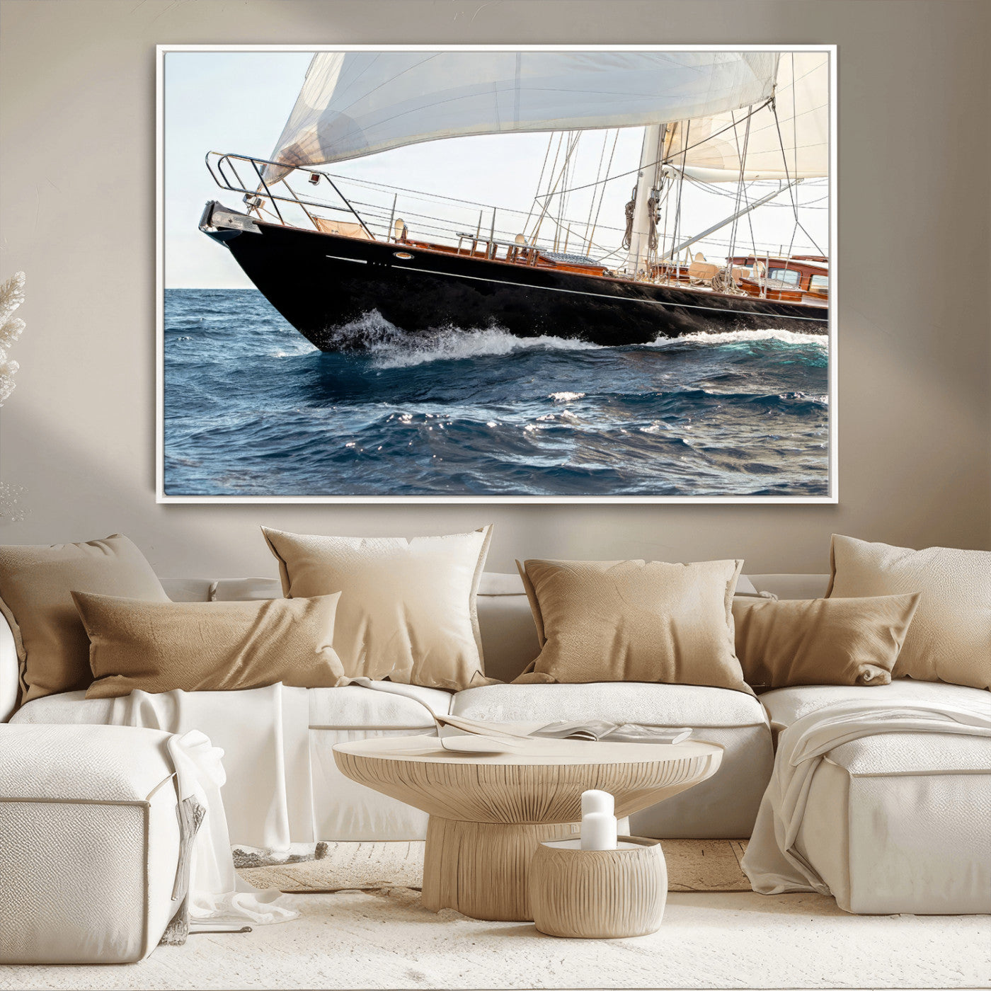 97168626-MGV-CV-36X24-Sailing Yacht Wall Art Canvas Print, Framed Wooden Yacht Art Picture Print, Ocean Waves Perfect Nautical Coastal Decor Artwork