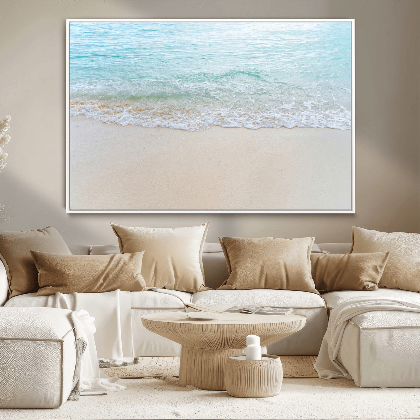 77194056-MGV-CV-36X24-Soft Shoreline Wall Art Canvas Print, Framed Gentle Waves Art Picture Print, Clear Water Perfect Minimalist Coastal Decor Artwork