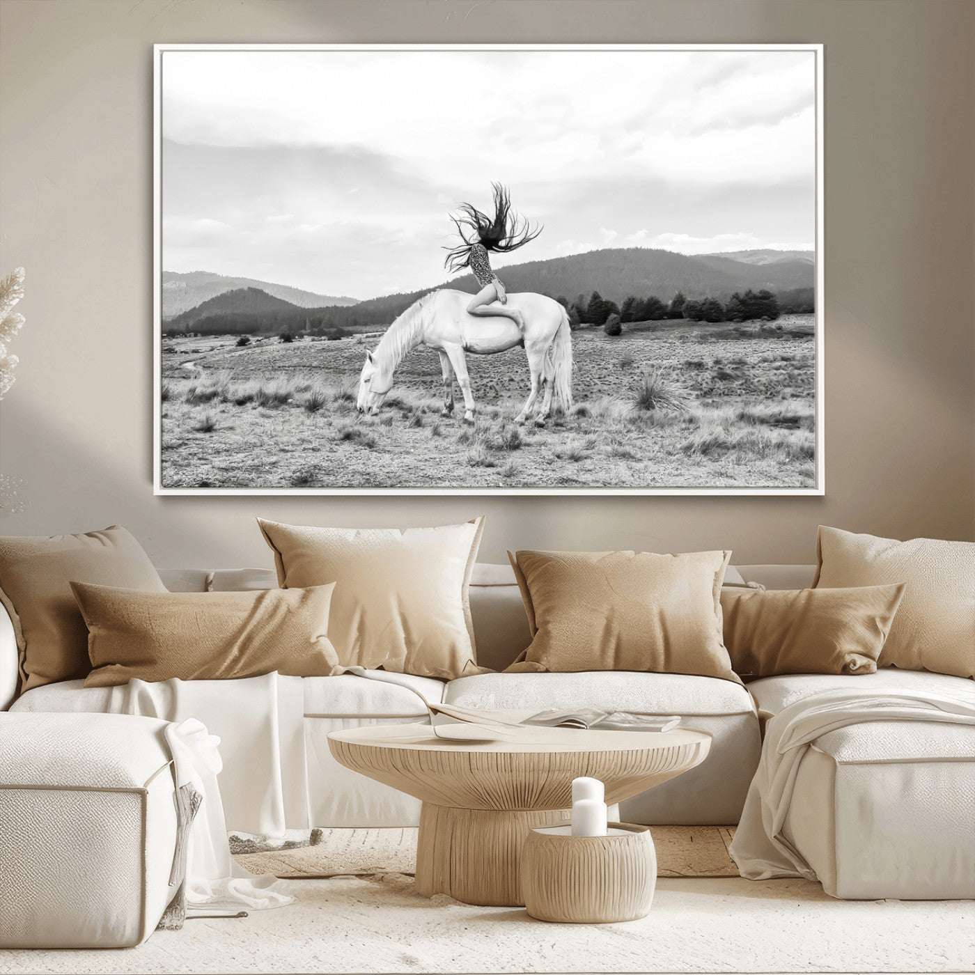 62789800-MGV-CV-36X24-White Horse Wall Art Canvas Print, Framed Woman Rider Art Picture Print, Equestrian Pose Perfect Western Boho Decor Artwork