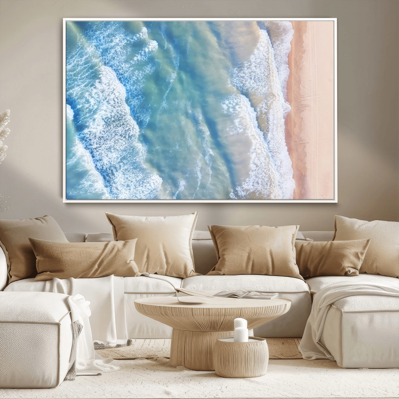 17641845-MGV-CV-36X24-Aerial Ocean Wall Art Canvas Print, Framed Blue Waves Art Picture Print, Sandy Shoreline Perfect Modern Coastal Decor Artwork