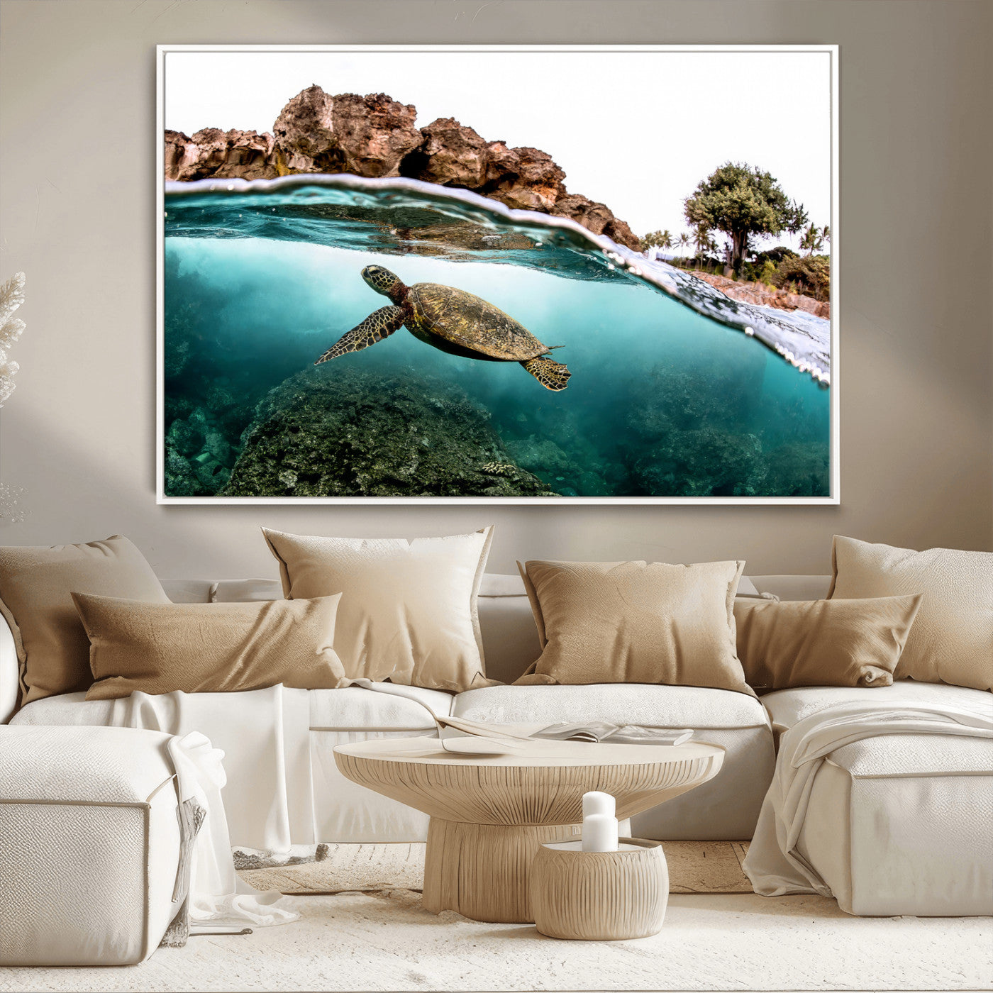 44200301-MGV-CV-36X24-Sea Turtle Swim Wall Art Canvas Print, Framed Ocean Life Art Picture Print, Tropical Shoreline Perfect Tropical Coastal Decor