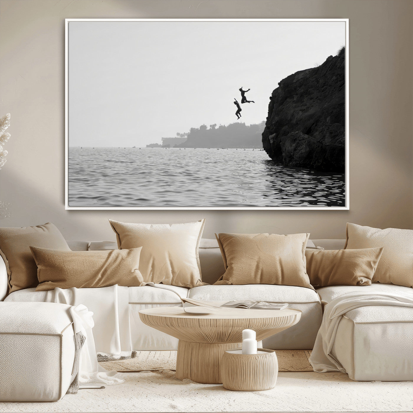 52284302-MGV-CV-36X24-Cliff Jumping Wall Art Canvas Print, Framed Ocean Adventure Art Picture Print, Black White Coast Perfect Modern Coastal Decor