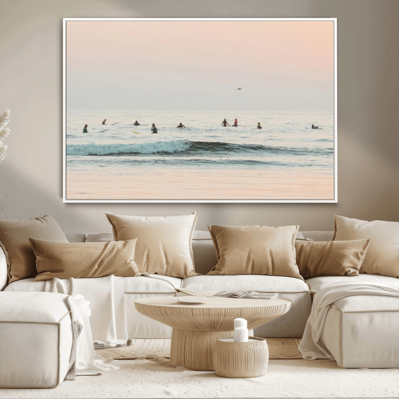 98888919-MGV-CV-36X24-Pastel Ocean Wall Art Canvas Print, Framed Soft Sunset Swimming Art Picture Print, Calm Sea Horizon Perfect Soft Coastal