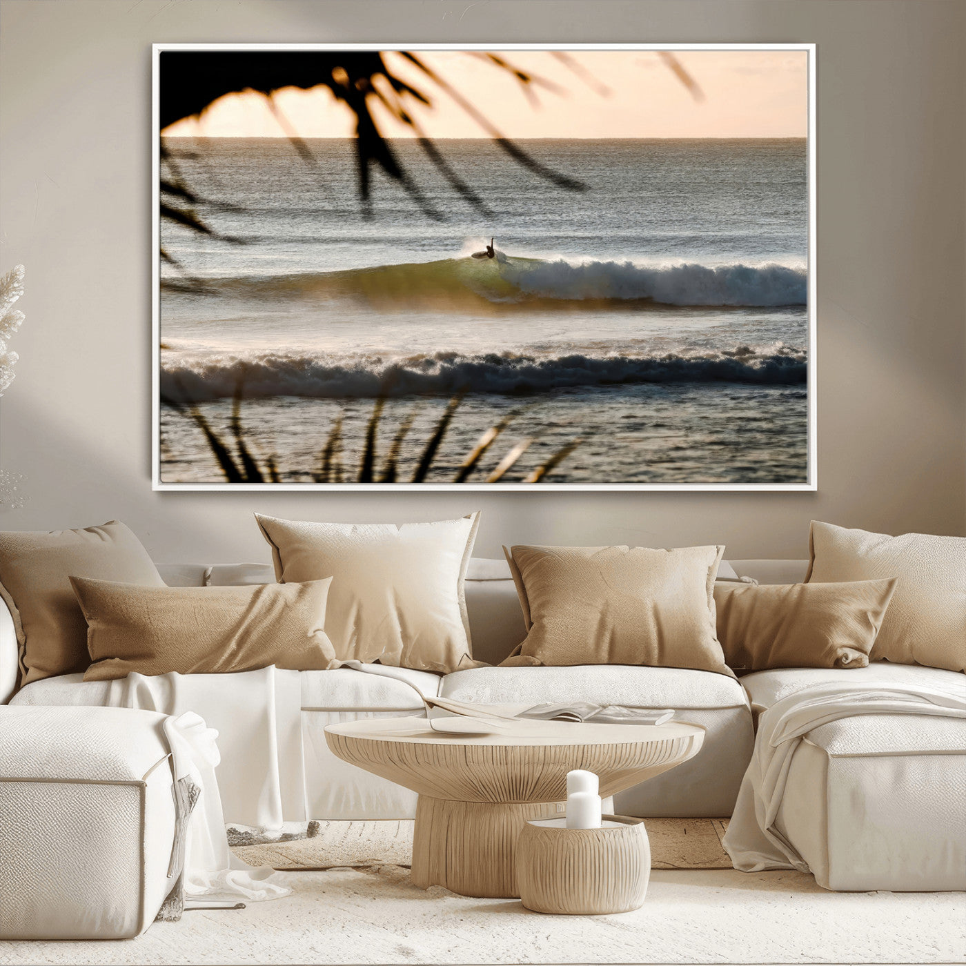 24896468-MGV-CV-36X24-Sunset Surf Wall Art Canvas Print, Framed Golden Waves Art Picture Print, Tropical Ocean Perfect Tropical Boho Decor Artwork