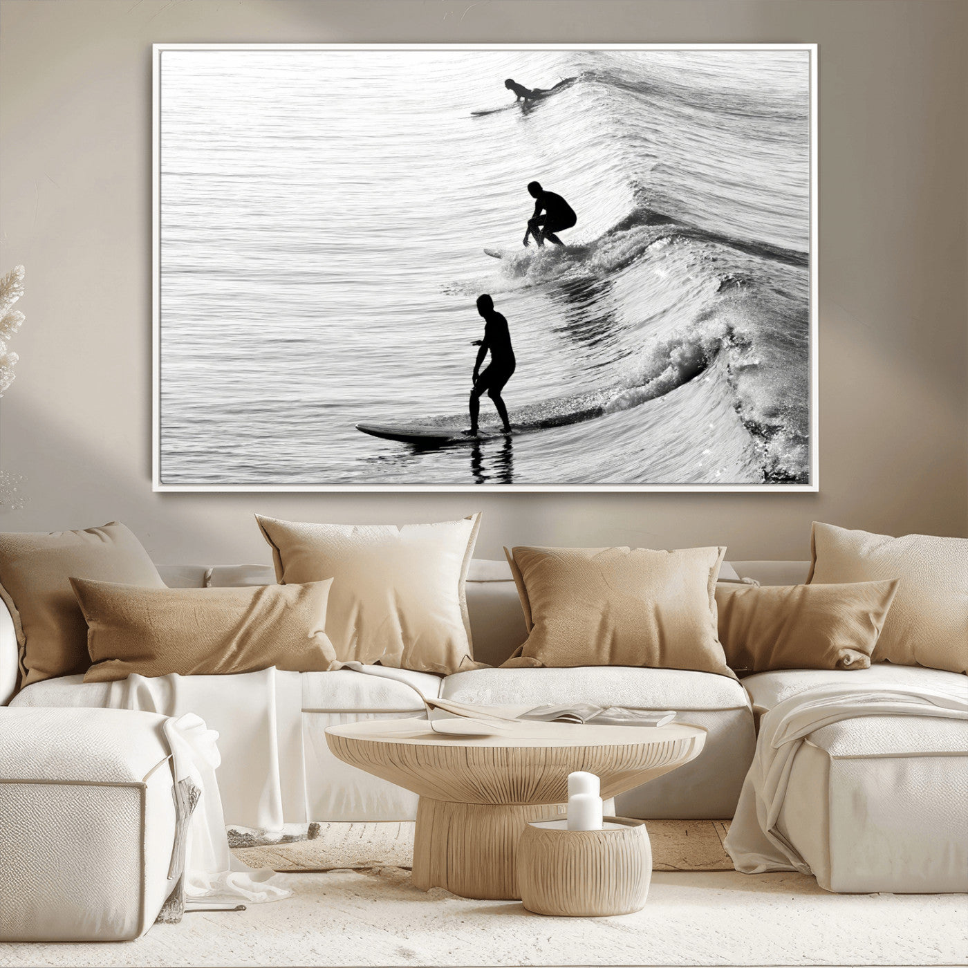 19875284-MGV-CV-36X24-Surfer Waves Wall Art Canvas Print, Framed Black White Surf Art Picture Print, Monochrome Ocean Perfect Modern Coastal Decor