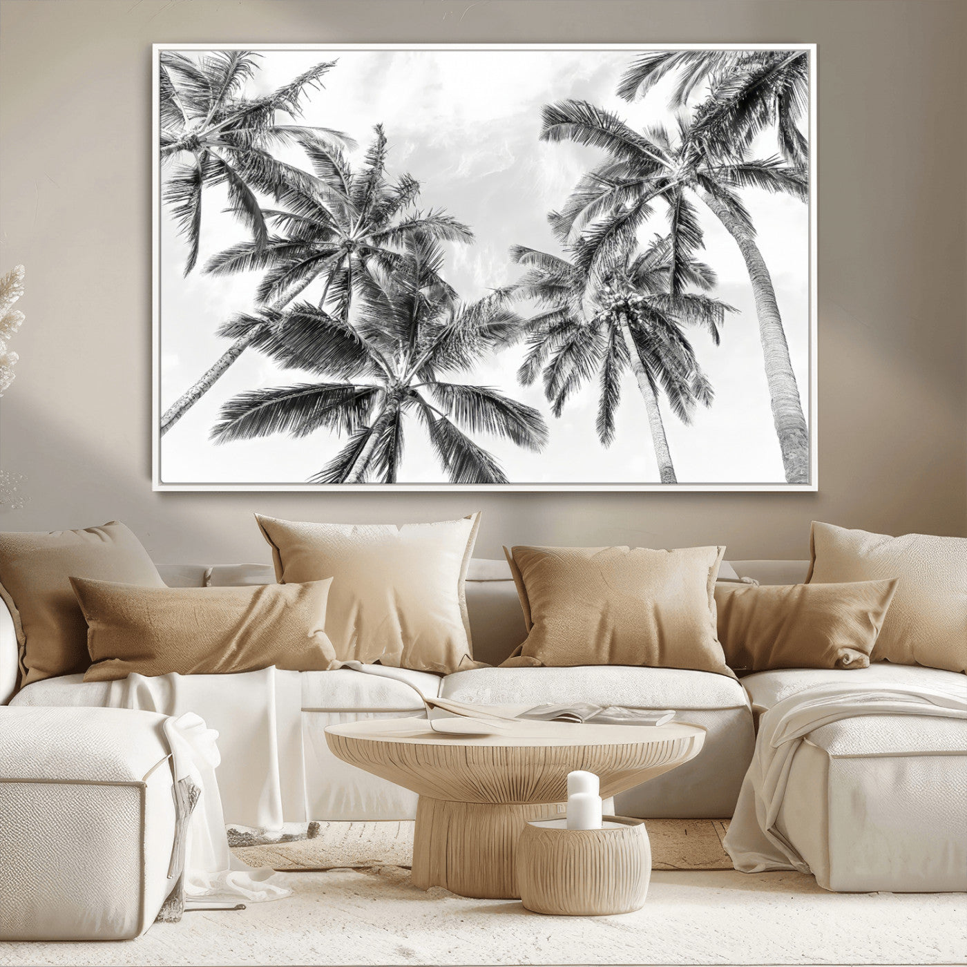 62113786-MGV-CV-36X24-Black White Palm Wall Art Canvas Print, Framed Monochrome Tropics Art Picture Print, Minimalist Beach Perfect Coastal Minimalist