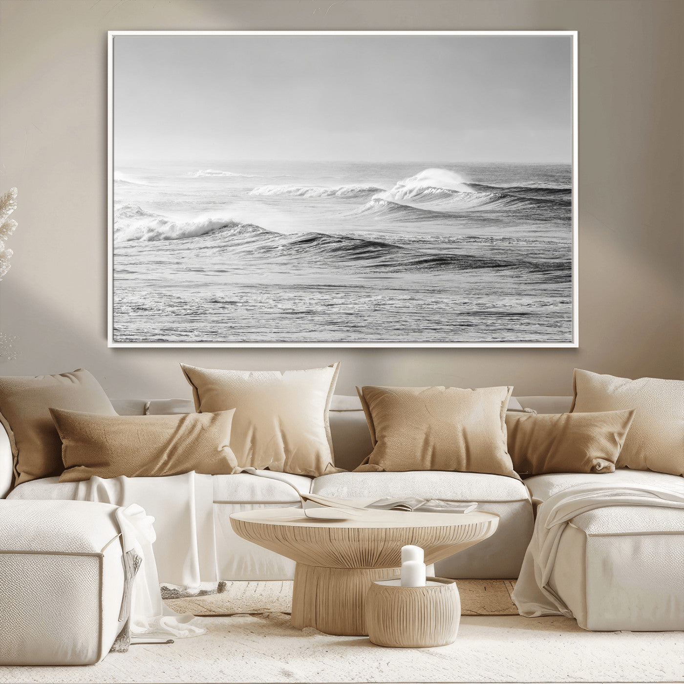 98634812-MGV-CV-36X24-Black and White Ocean Waves Wall Art – Minimalist Sea Canvas Print, Coastal Photography Decor for Living Room, Bedroom or Office