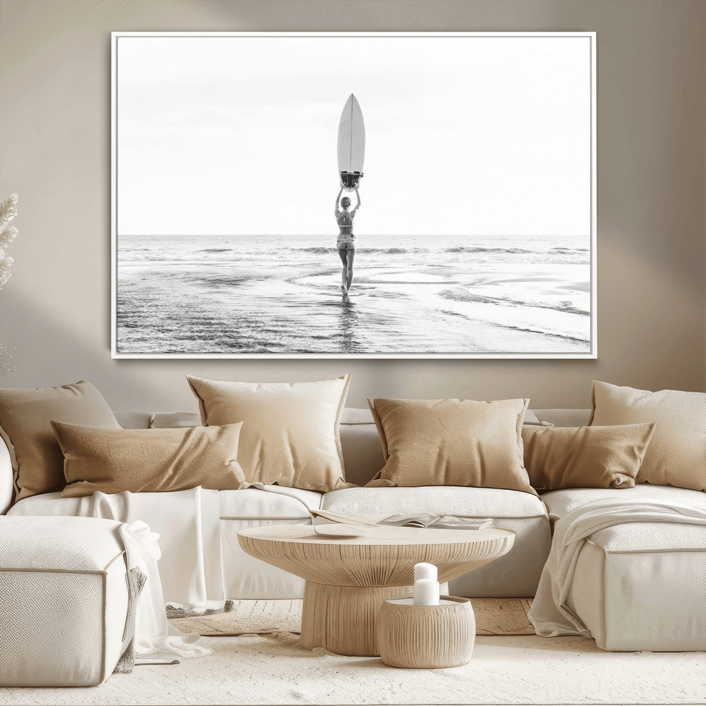 98446901-MGV-CV-36X24-Monochrome Surf Wall Art Canvas Print, Framed Minimalist Surfer Art Picture Print, Surfboard Silhouette Perfect Coastal Minimalist