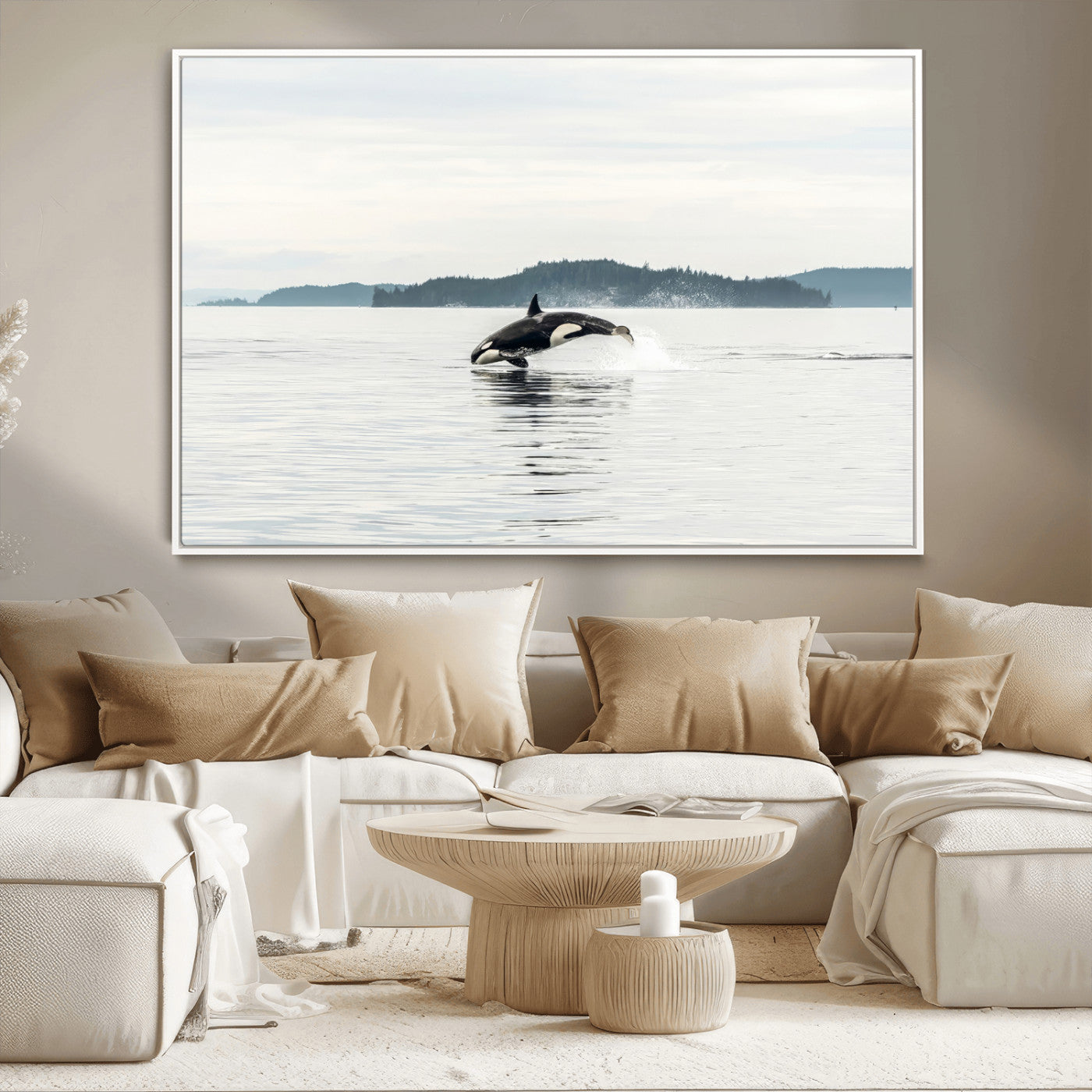 10157174-MGV-CV-36X24-Orca Whale Wall Art Canvas Print, Framed Black White Whale Art Picture Print, Minimalist Ocean Perfect Coastal Minimalist Decor