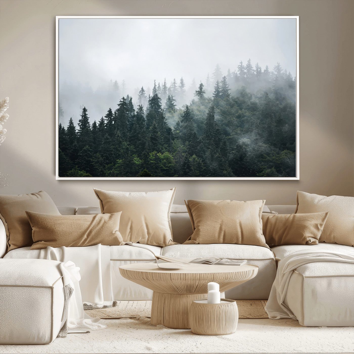 84146572-MGV-CV-36X24-Foggy Pine Trees Wall Art Canvas Print, Framed Forest Nature Art Picture Print, Evergreen Forest Perfect Scandinavian Minimalist