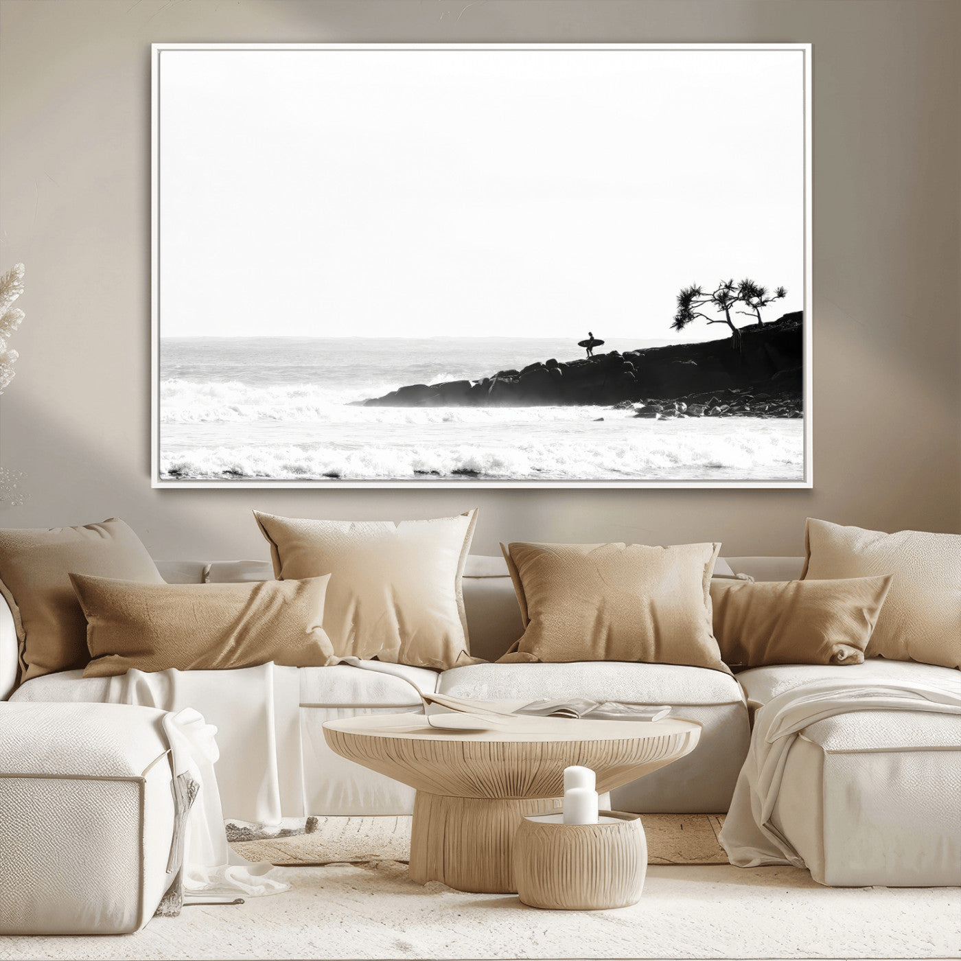 40875891-MGV-CV-36X24-SurferCliffs Wall Art Canvas Print, Framed Black White Beach Art Picture Print, Ocean Waves Perfect Minimalist Coastal Decor