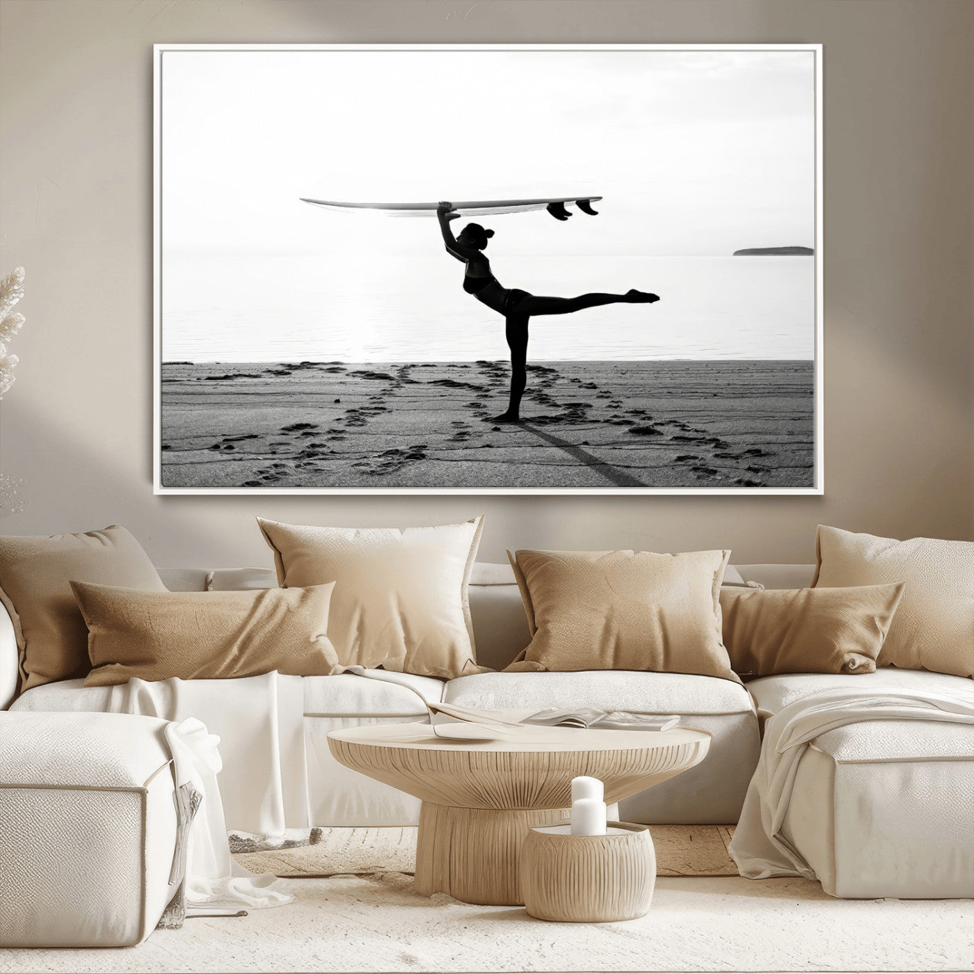 28441356-MGV-CV-36X24-Yoga Surf Wall Art Canvas Print, Framed Black White Shore Art Picture Print, Peaceful Ocean Perfect Minimalist Coastal Decor