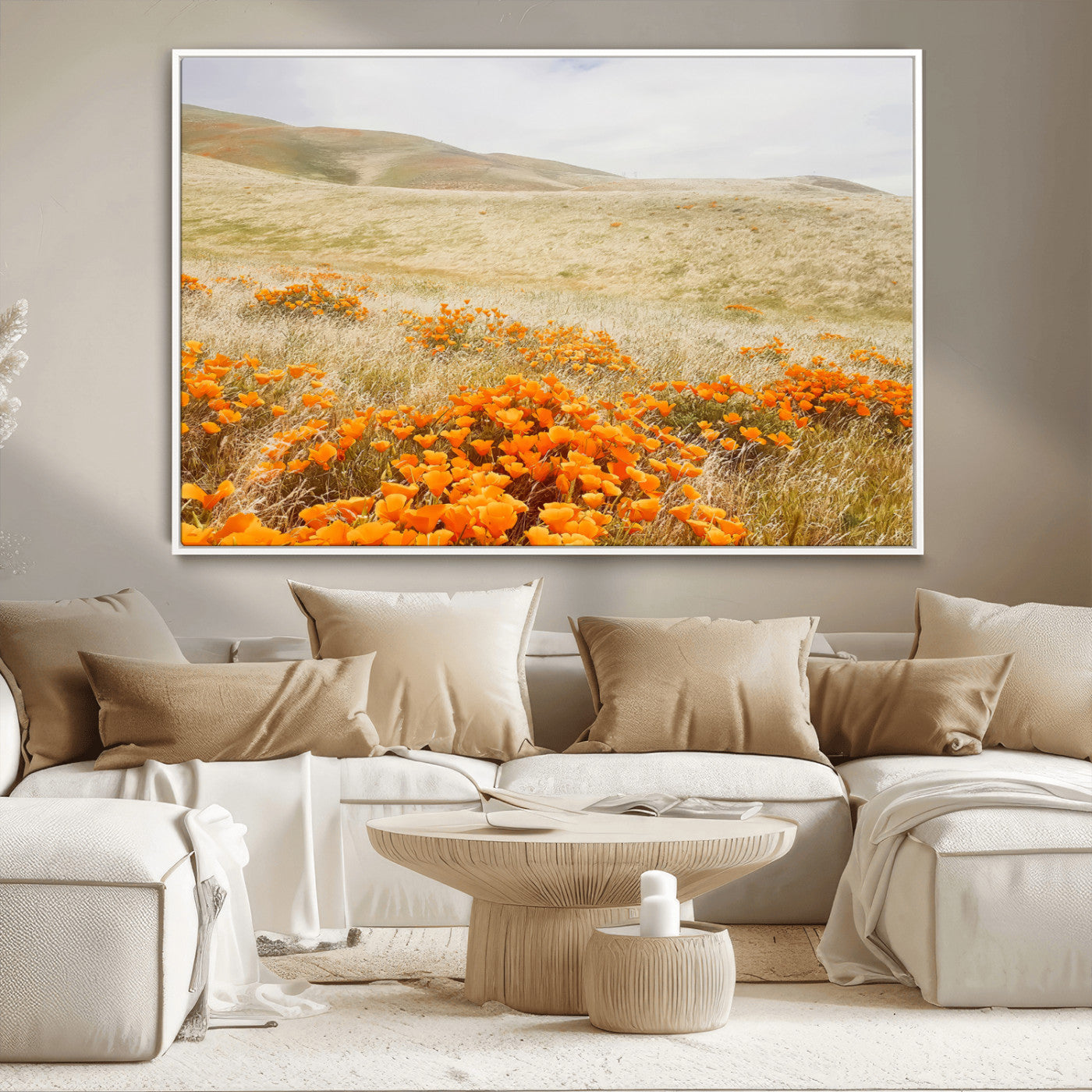 28972262-MGV-CV-36X24-Golden Wildflowers Wall Art Canvas Print, Framed Hills Bloom Art Picture Print, Poppy Meadow Perfect Rustic Nature Decor Artwork