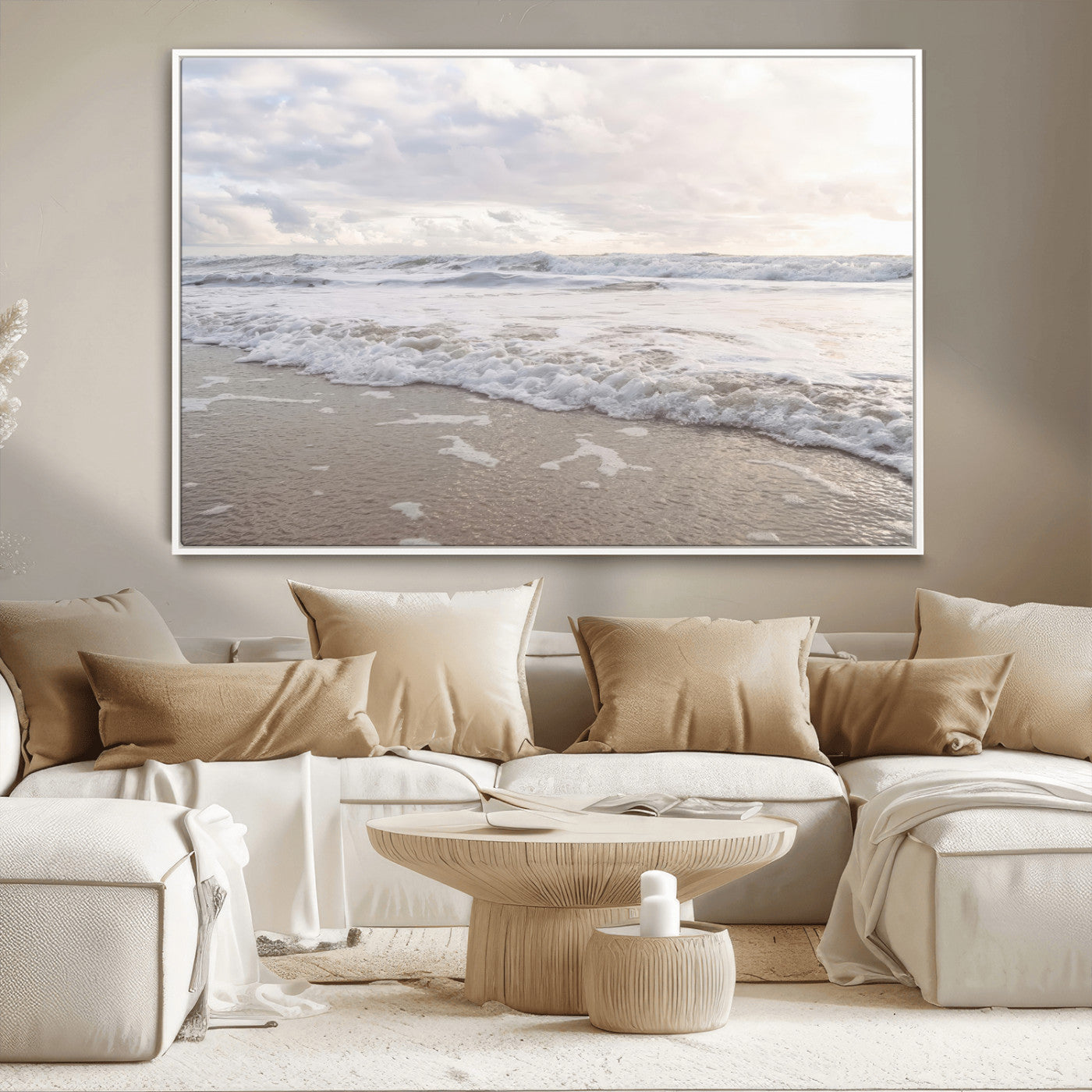 70596264-MGV-CV-36X24-Ocean Waves Wall Art Canvas Print, Framed Coastal Shoreline Art Picture Print, Sea Foam Perfect Coastal Minimalist Decor Artwork
