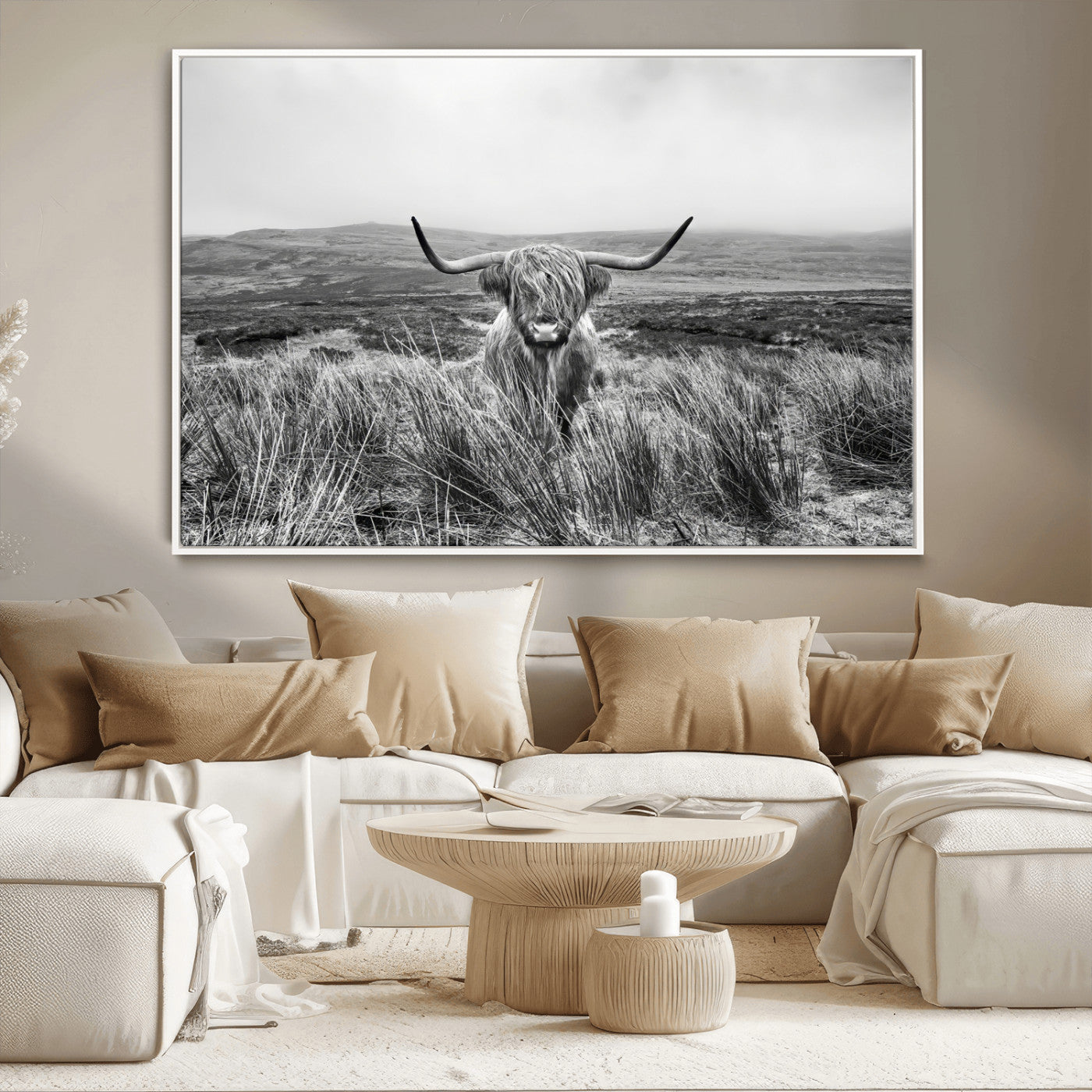 24051061-MGV-CV-36X24-Monochrome Highland Cow Wall Art Canvas Print, Framed Scottish Bull Art Picture Print, Lone Cattle Perfect Rustic Farmhouse Decor