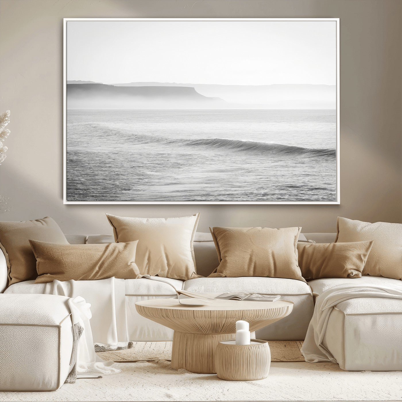 60635783-MGV-CV-36X24-Black White Seascape Wall Art Canvas Print, Framed Ocean Waves Art Picture Print, Misty Coastal Perfect Minimalist Coastal Decor