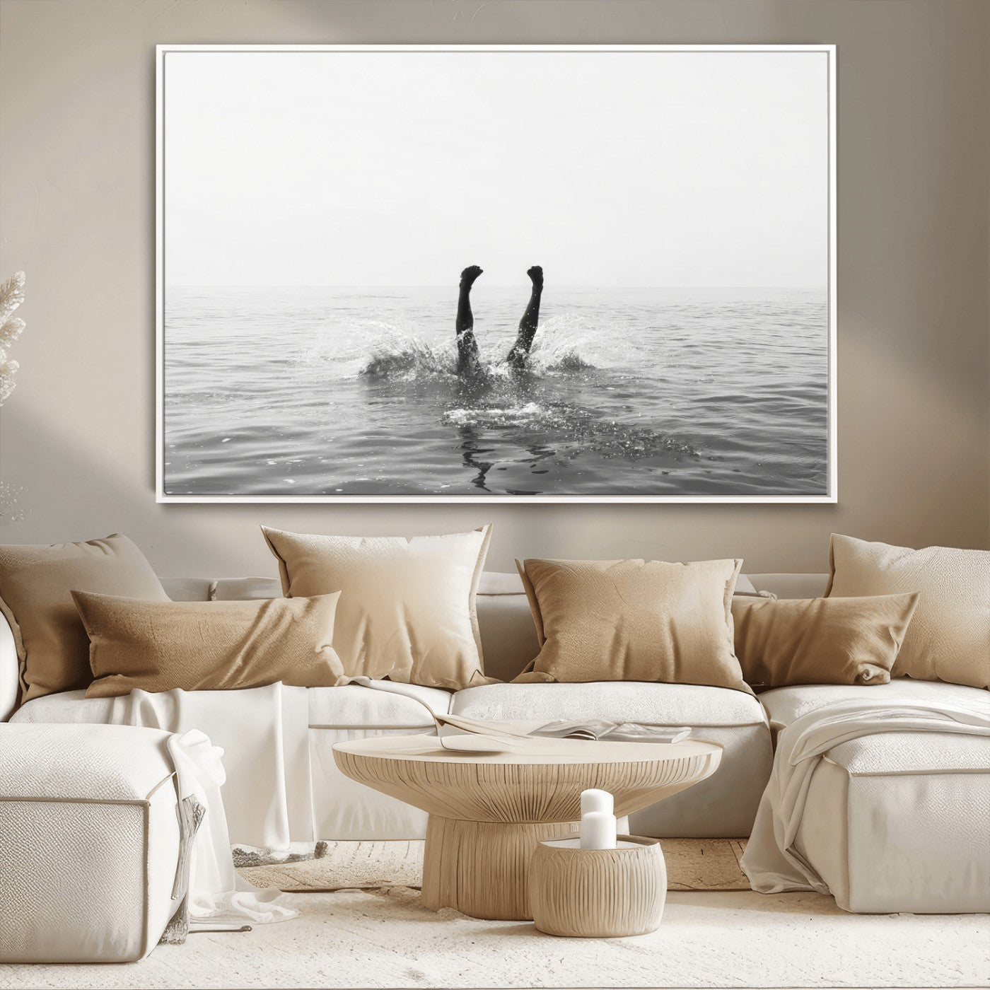 26667396-MGV-CV-36X24-Black White Ocean Wall Art Canvas Print, Framed Monochrome Water Art Picture Print, Diving into Water Perfect Minimalist Aquatic