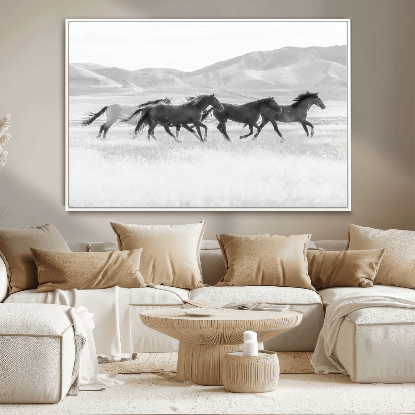 69934913-MGV-CV-36X24-Wild Horses Running Wall Art Canvas Print, Framed Black White Mustangs Art Picture Print, Rustic Western Perfect Rustic Western