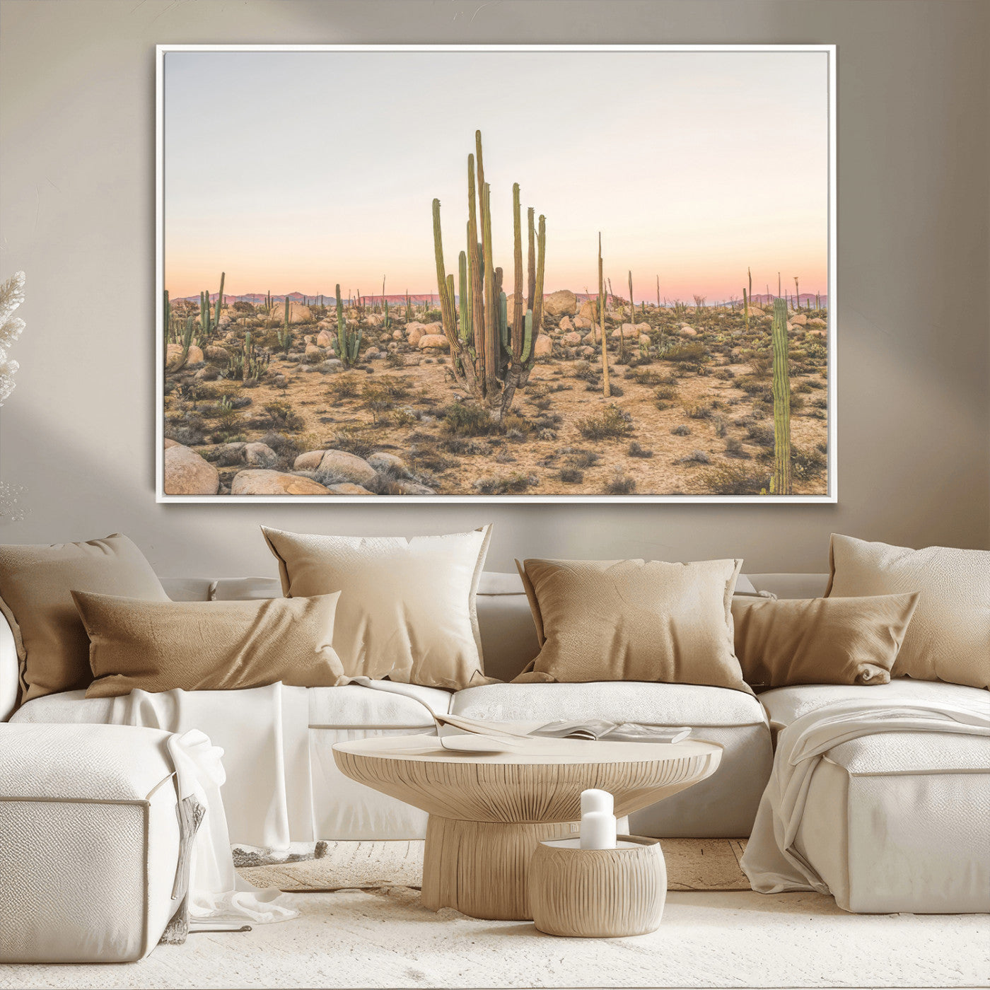 76234974-MGV-CV-36X24-Desert Cactus Wall Art Canvas Print, Framed Baja Desert Art Picture Print, Pastel Desert Perfect Southwestern Boho Decor Artwork