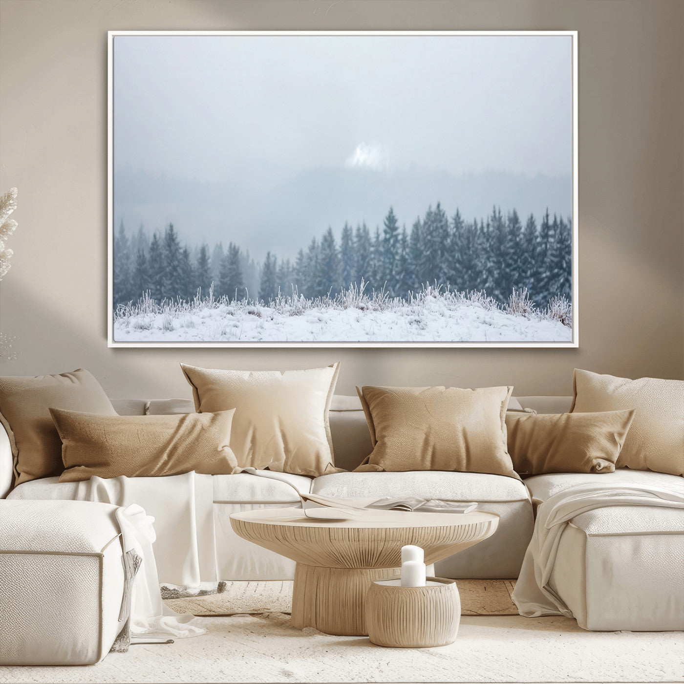 33033082-MGV-CV-36X24-Winter Forest Art Wall Art Canvas Print, Framed Snowy Landscape Art Picture Print, Misty Tree Scene Perfect Nordic Minimalist