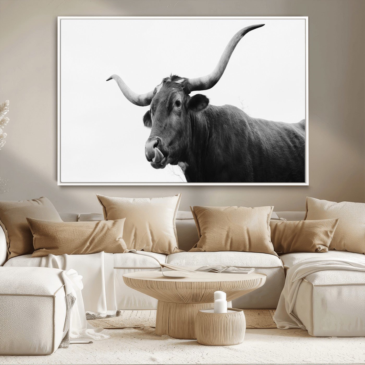 99244177-MGV-CV-36X24-Longhorn Photography Wall Art Canvas Print, Framed Western Cow Decor Art Picture Print, Black White Bull Perfect Modern Rustic