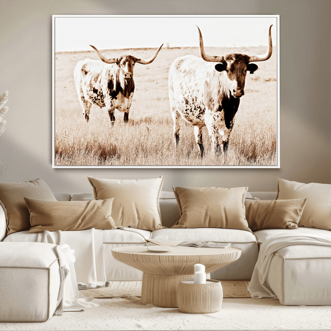 39672786-MGV-CV-36X24-Rustic Cow Scene Wall Art Canvas Print, Framed Farmhouse Style Cattle Art Picture Print, Prairie Animal Duo Perfect Rustic Western