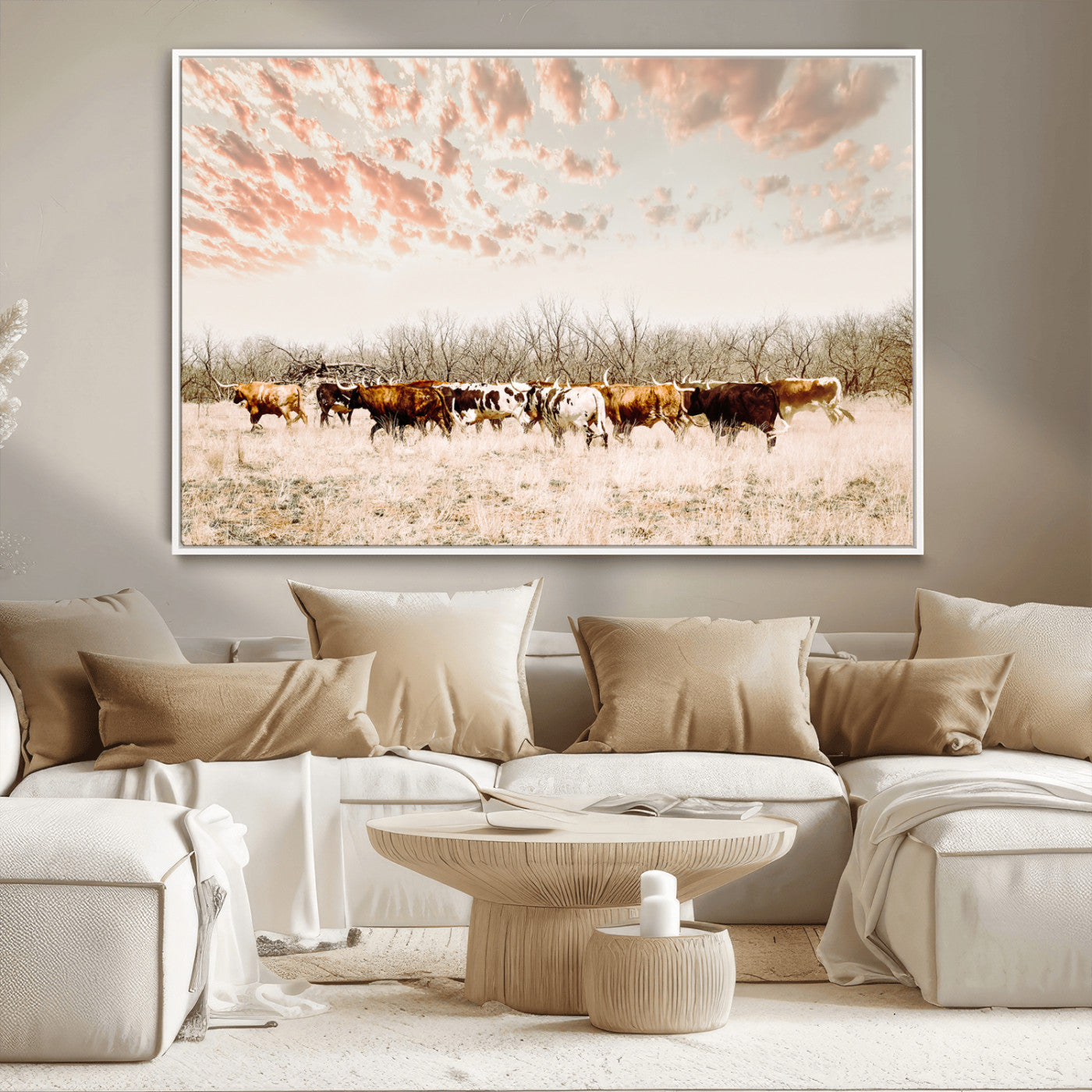 43704663-MGV-CV-36X24-Country Cow Herd Wall Art Canvas Print, Framed Farmhouse Cattle Scene Art Picture Print, Rustic Ranch Decor Perfect Rustic