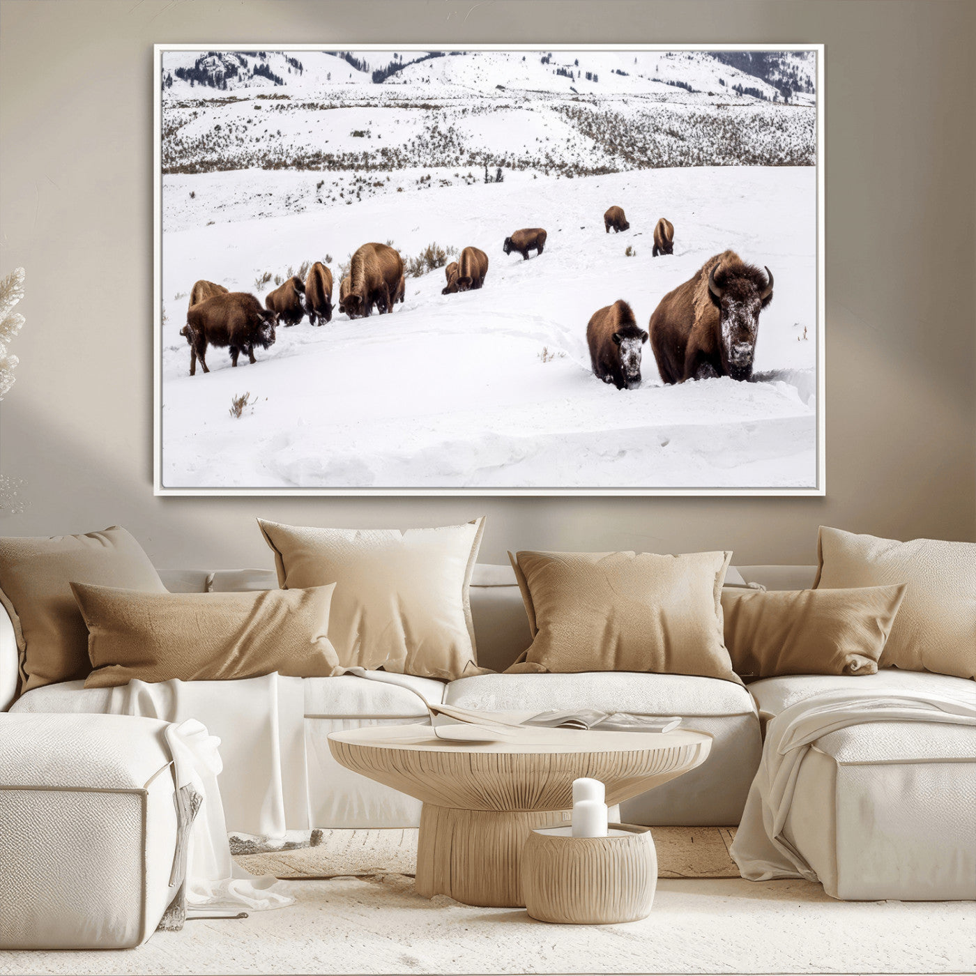 13891210-MGV-CV-36X24-Bison Herd Scene Wall Art Canvas Print, Framed Western Wildlife Decor Art Picture Print, Snowy Mountain Valley Perfect Rustic