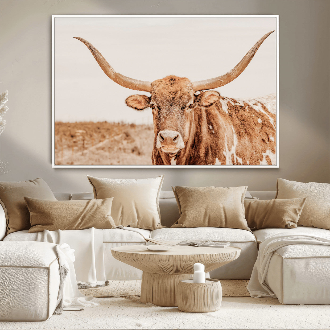 74406977-MGV-CV-36X24-Longhorn Bull Decor Wall Art Canvas Print, Framed Western Cow Theme Art Picture Print, Rustic Farmhouse Wall Perfect Neutral