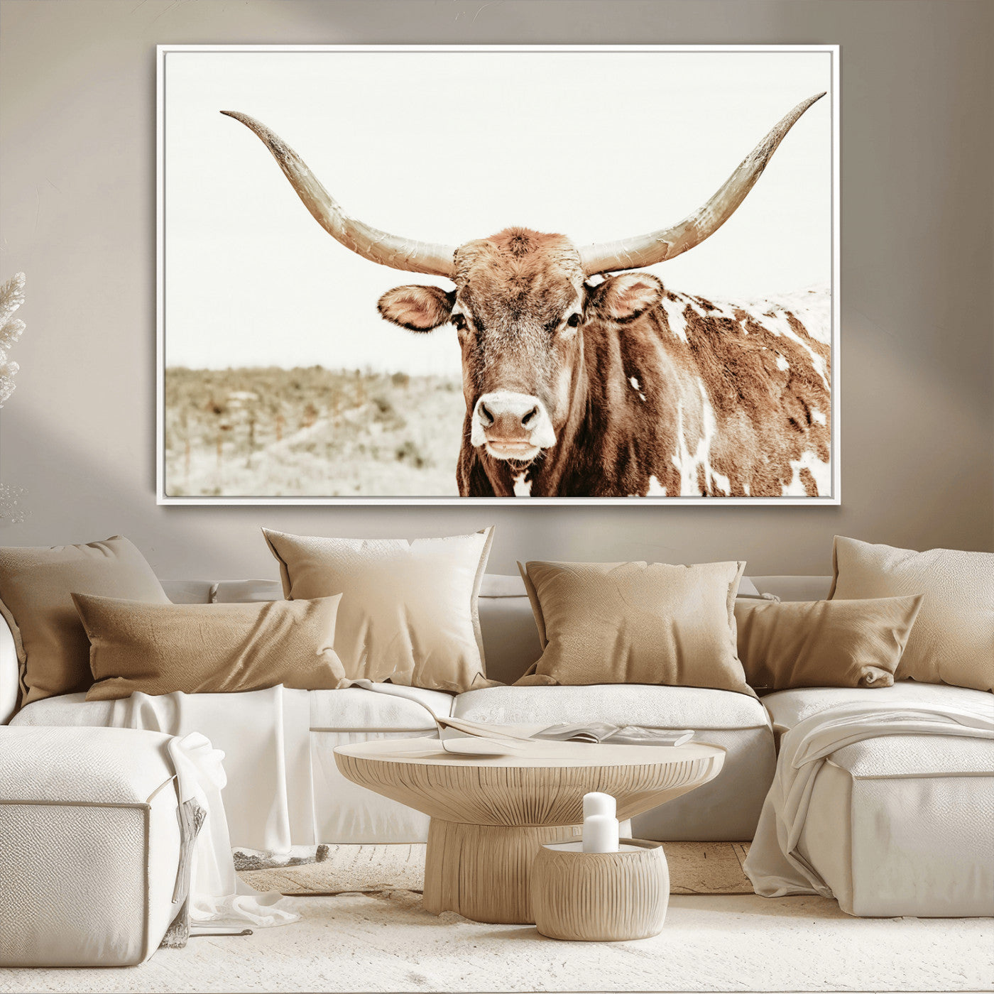 98924580-MGV-CV-36X24-Texas Longhorn Bull Wall Art Canvas Print, Framed Rustic Farmhouse Decor Art Picture Print, Western Animal Theme Perfect Rustic
