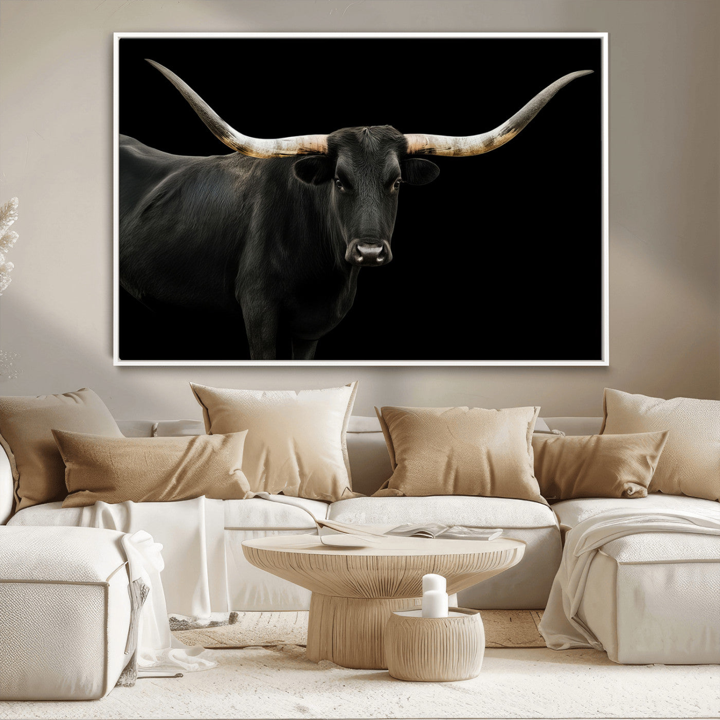 23572907-MGV-CV-36X24-Texas Longhorn Wall Art Canvas Print, Framed Rustic Western Decor Art Picture Print, Farmhouse Animal Perfect Modern Western