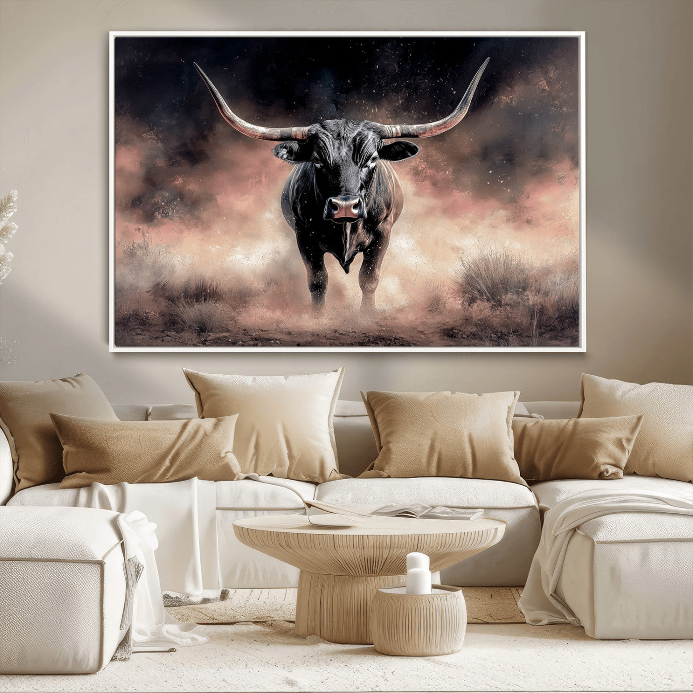 71457818-MGV-CV-36X24-Longhorn Wall Art Wall Art Canvas Print, Framed Western Bull Canvas Art Picture Print, Rustic Cow Decor Perfect Western Dramatic