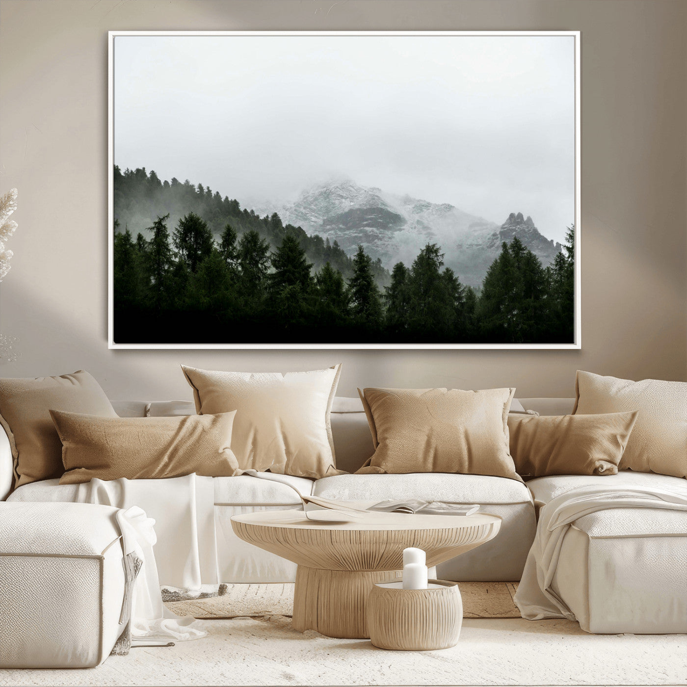 55968349-MGV-CV-36X24-Misty Mountains Wall Art Canvas Print, Framed Foggy Forest Art Picture Print, Snowy Peaks Perfect Moody Wilderness Decor Artwork