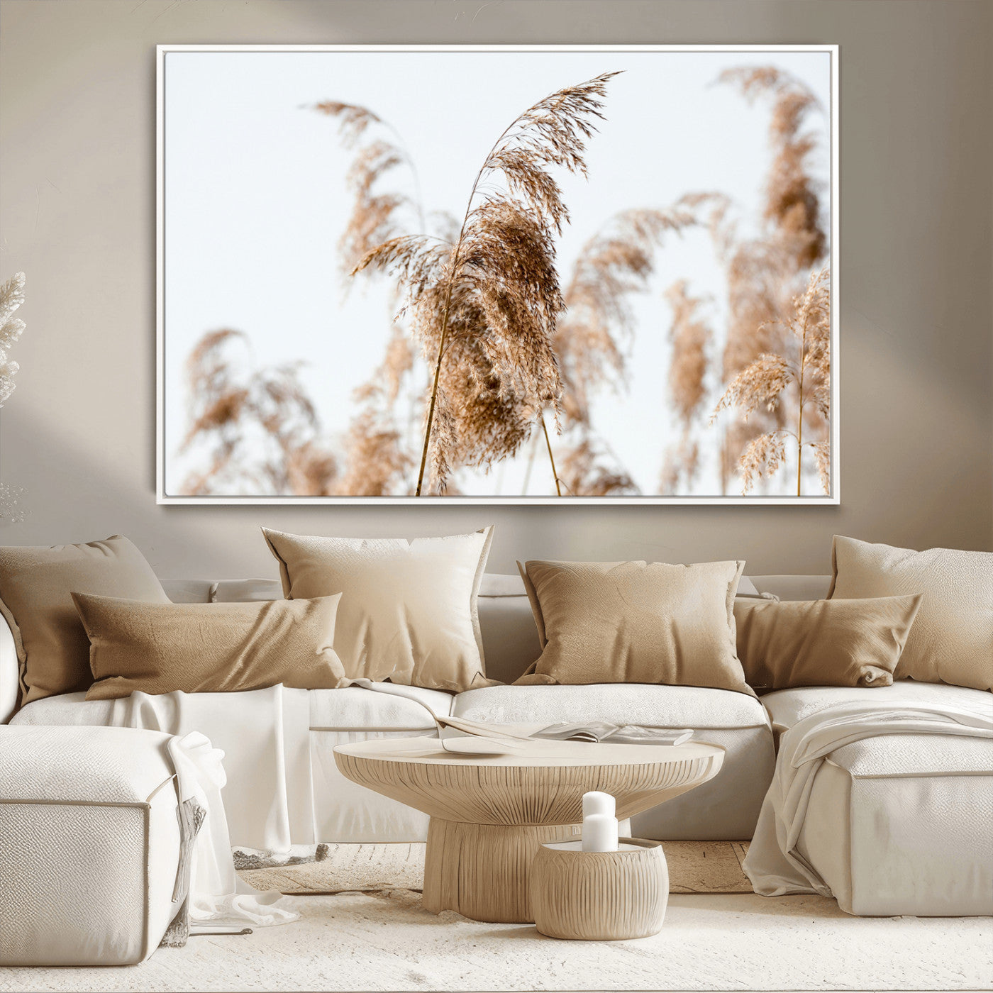 17019393-MGV-CV-36X24-Pampas Grass Wall Art Canvas Print, Framed Neutral Tones Art Picture Print, Minimalist Nature Perfect Boho Minimalist Decor