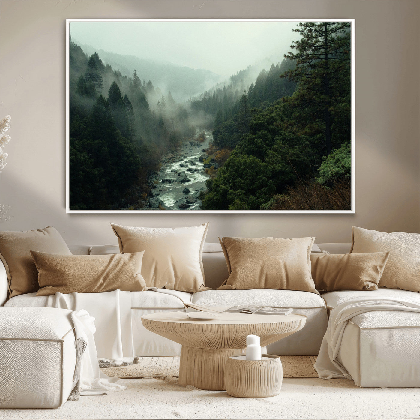 48497565-MGV-CV-36X24-Misty Forest Wall Art Canvas Print, Framed Foggy River Art Picture Print, Moody Landscape Perfect Moody Wilderness Decor Artwork